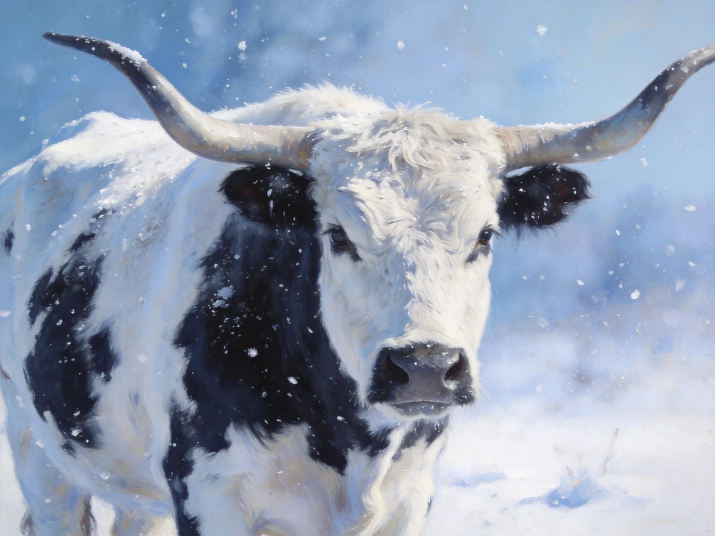 A black-and-white longhorn bull in a snowy winter scene