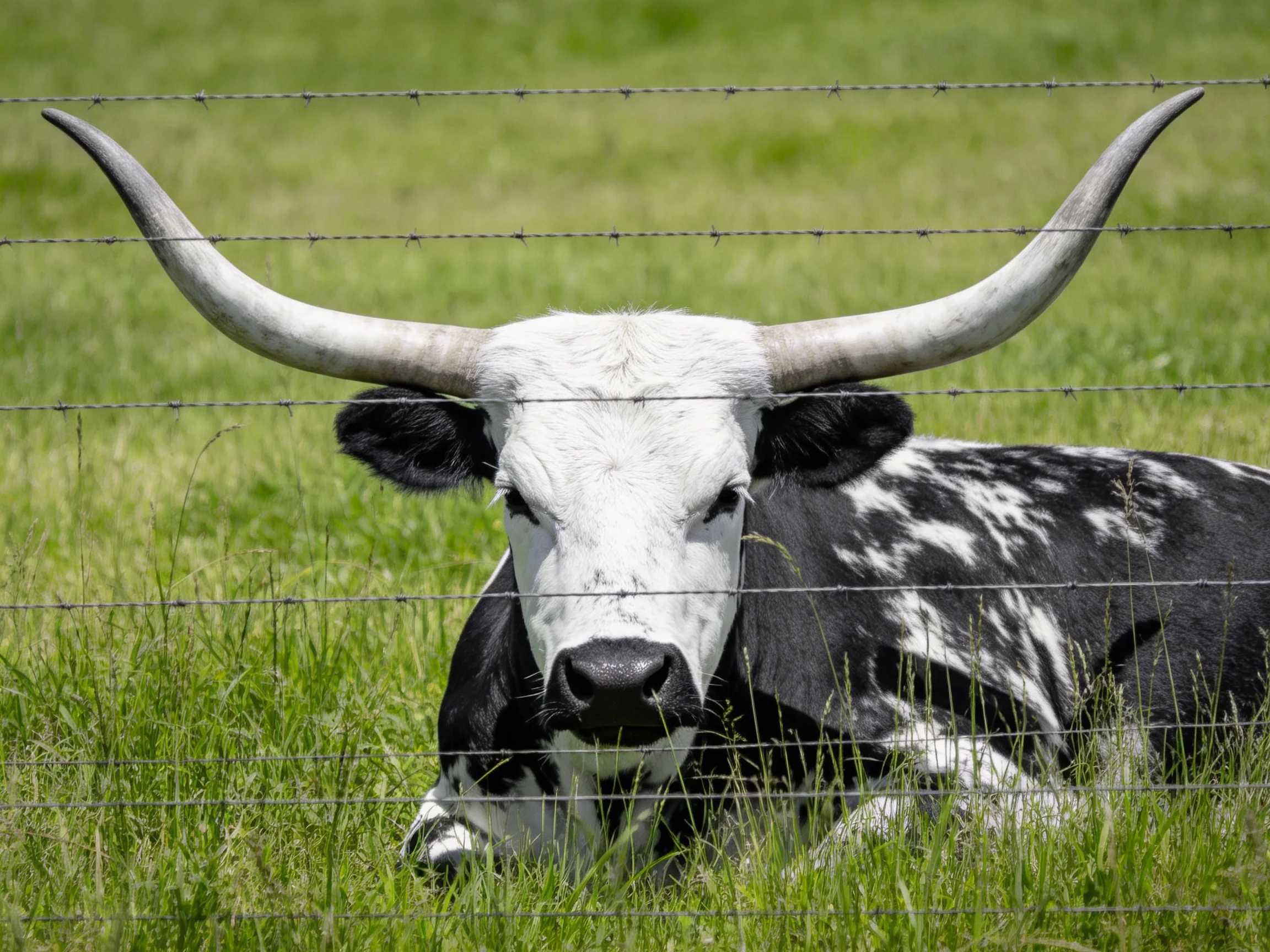 A black and white longhorn cow rests near a barbed wire fence