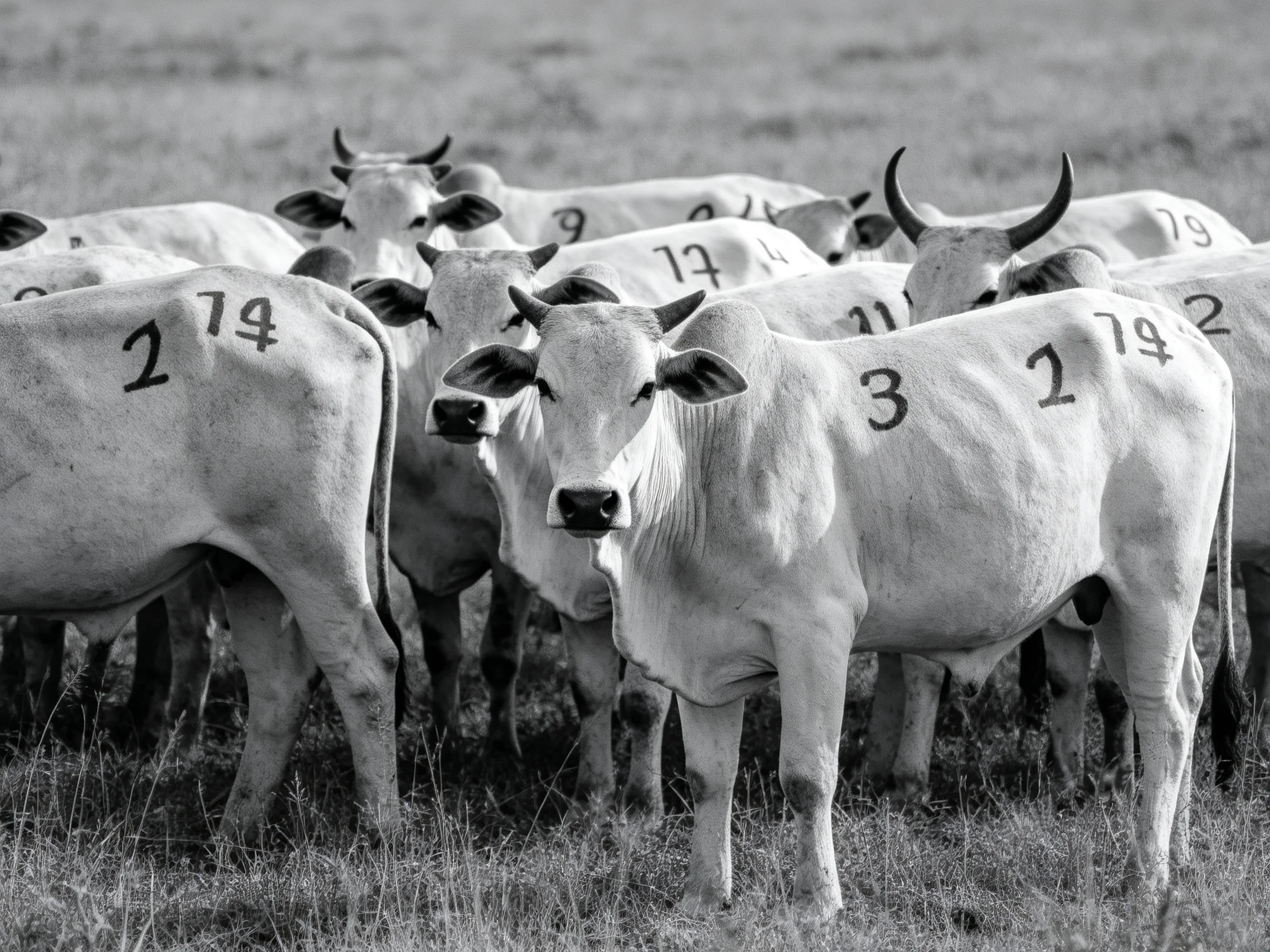 A black and white photo of numbered cattle in a grassy field