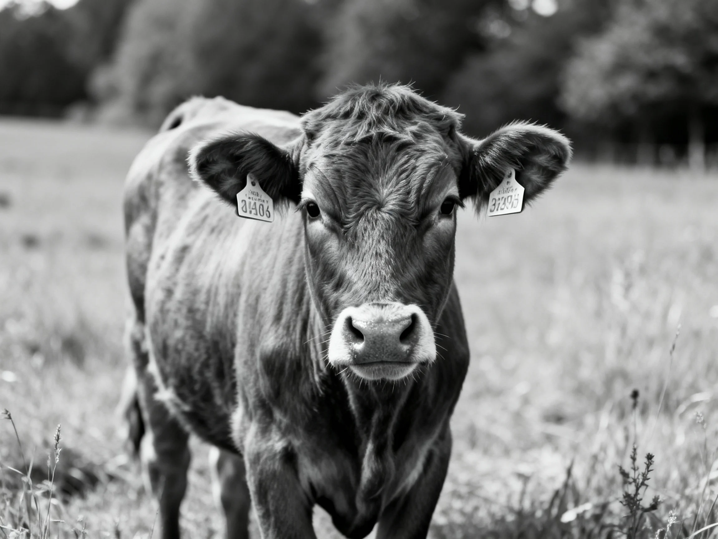 A black and white photograph of a cow with ear tags ina grassy field