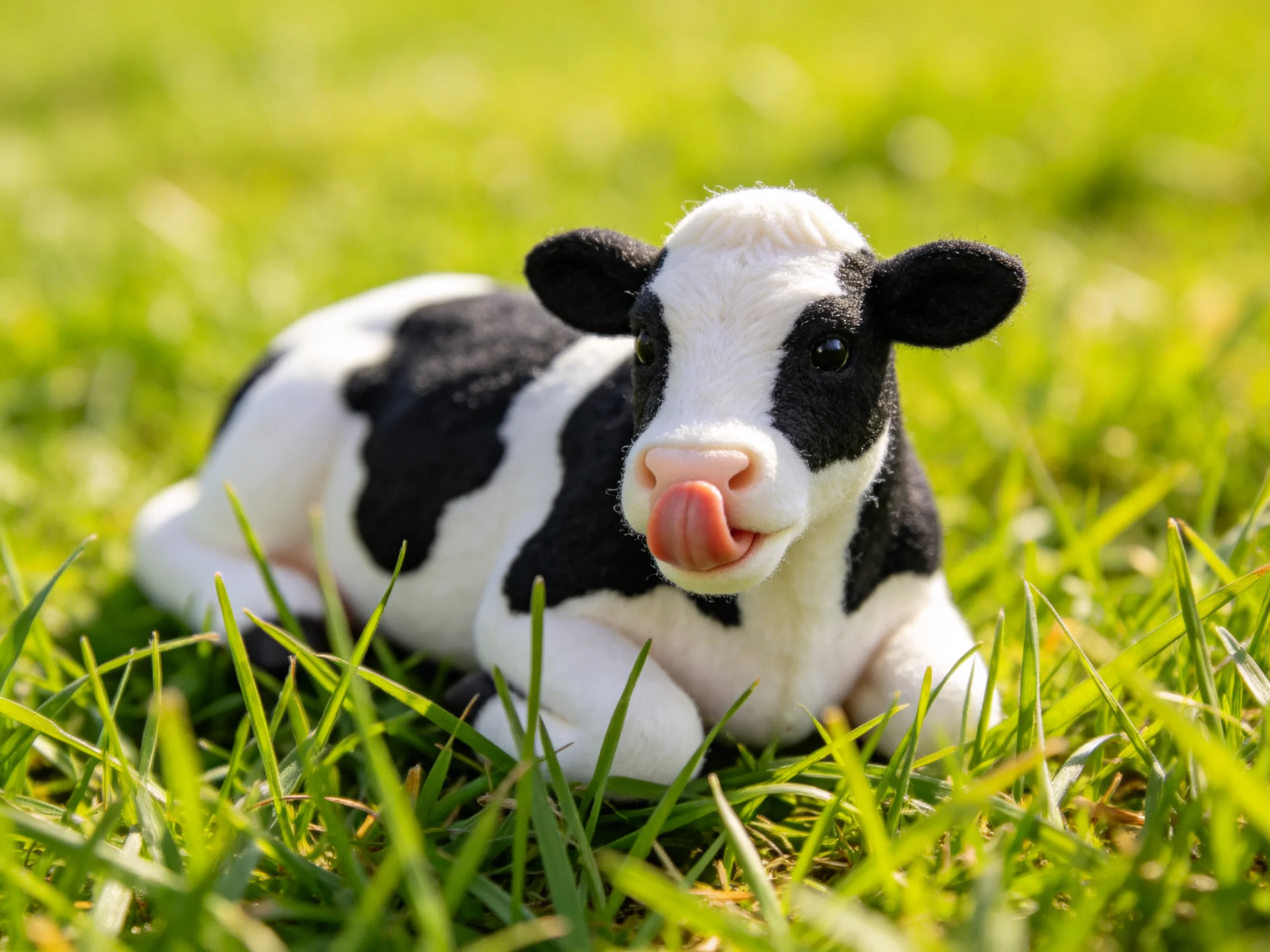 A black and white plush cow resting on vibrant green grass