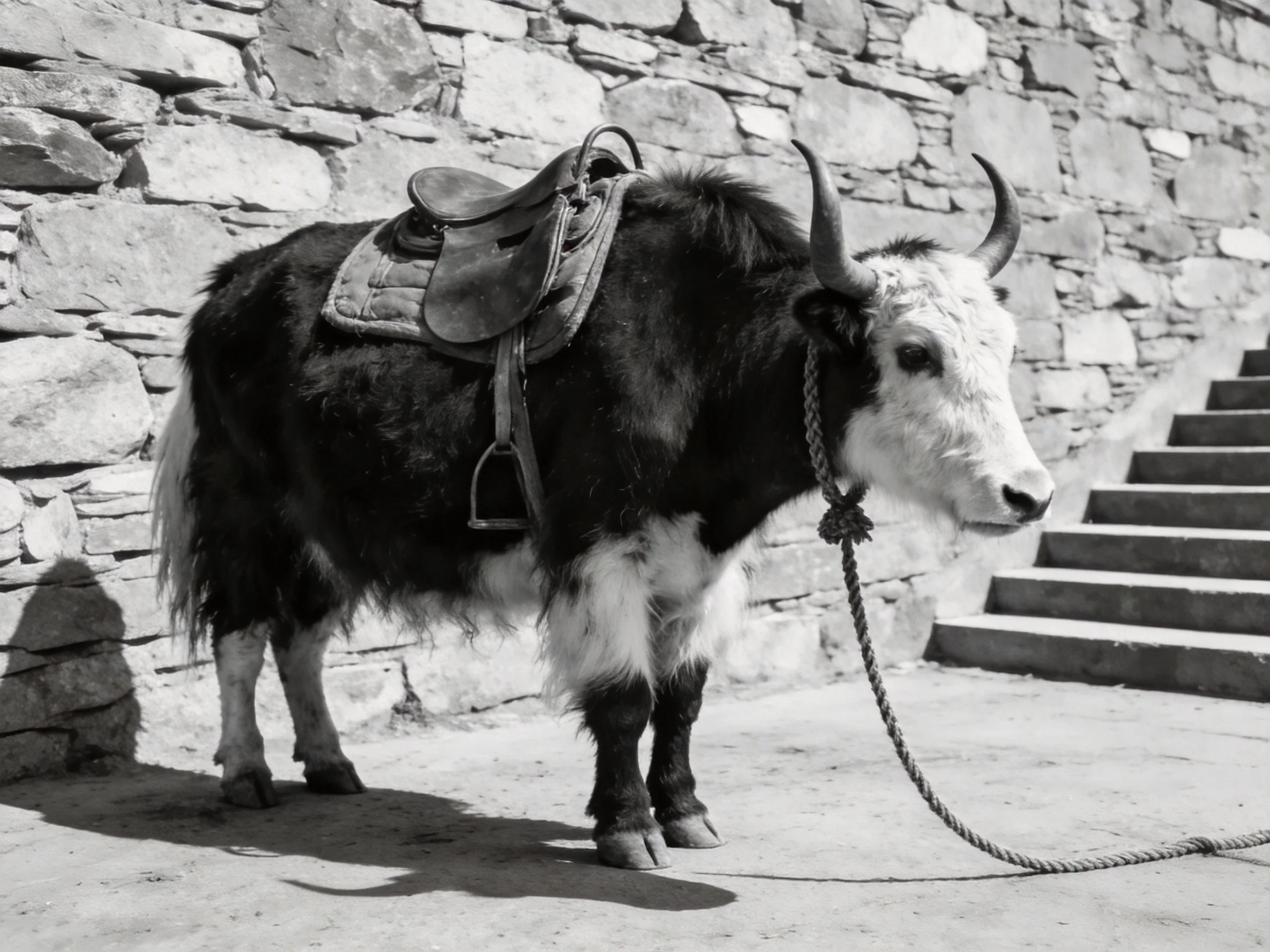 A black-and-white saddled yak near stone wall and concrete steps