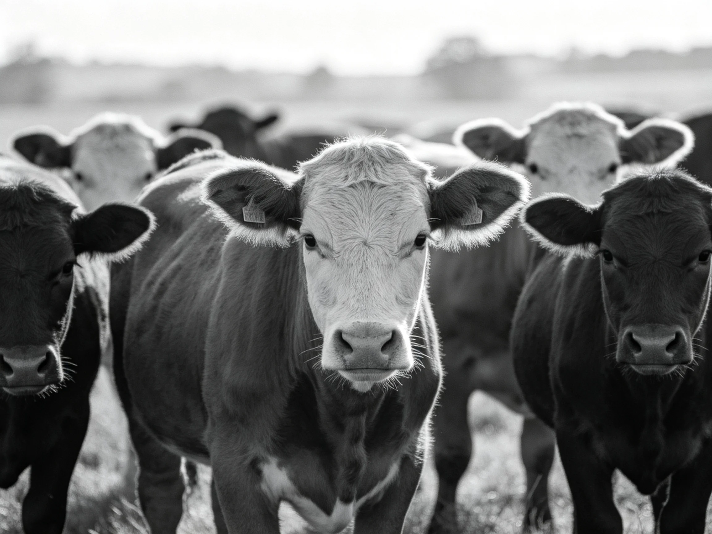 A black and white scene with multiple cows displaying varied hues