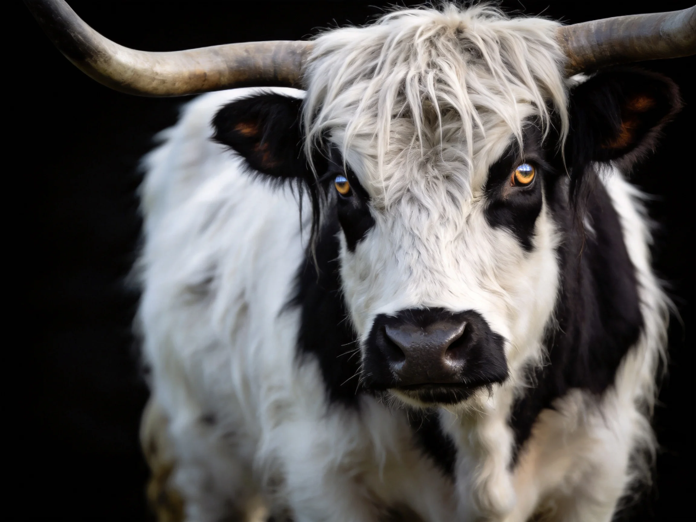 A black and white shaggy - coated long - horned cow