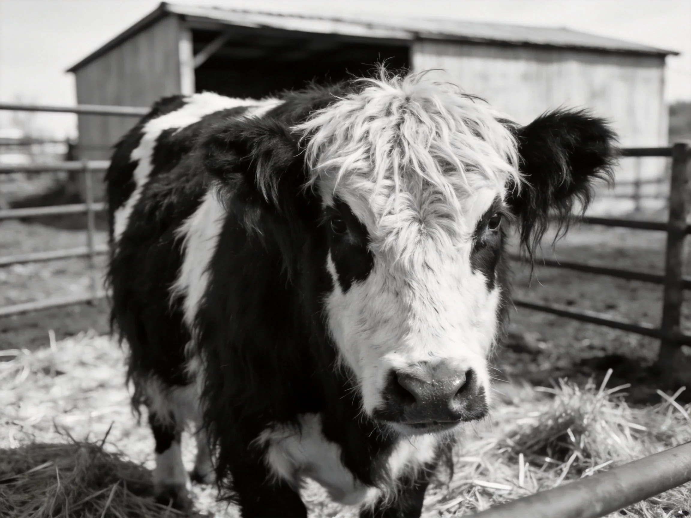 A black-and-white shaggy cow near a barn in a fenced enclosure