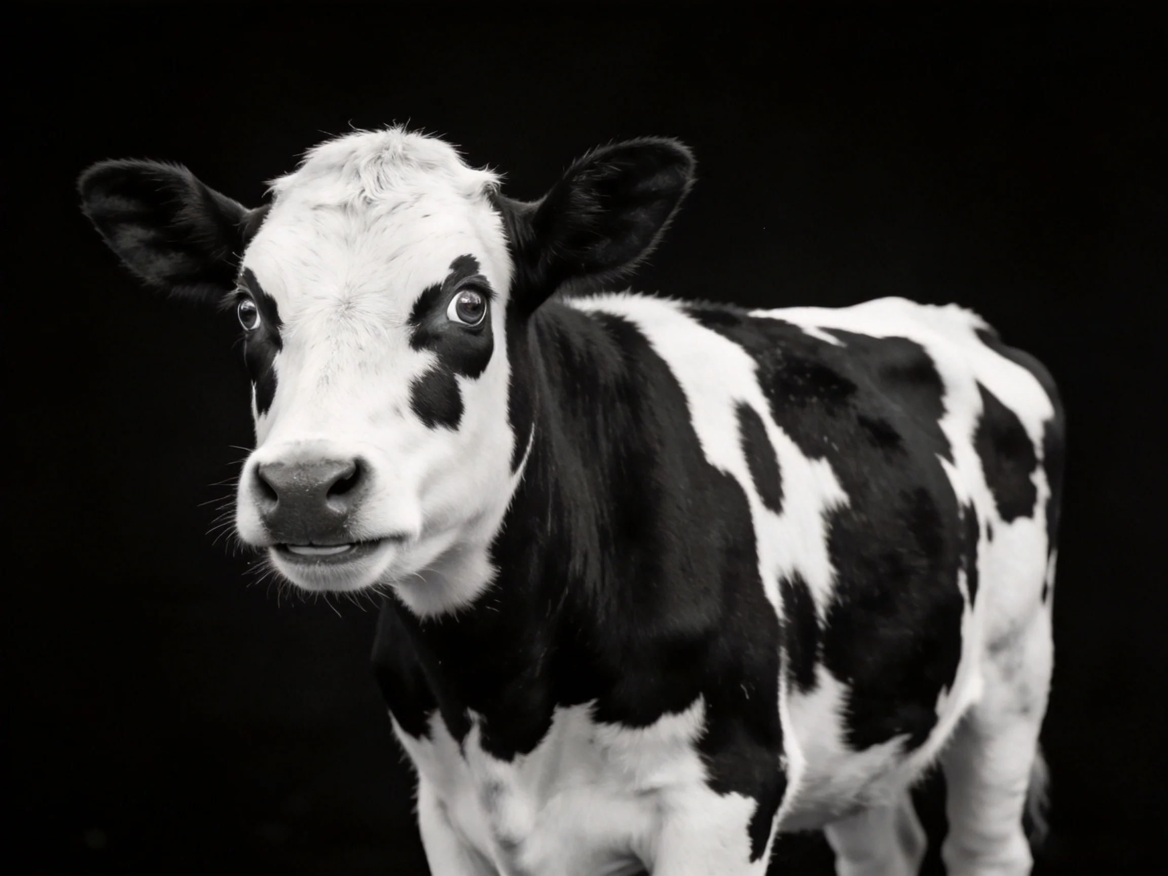 A black and white spotted calf against a solid dark backdrop