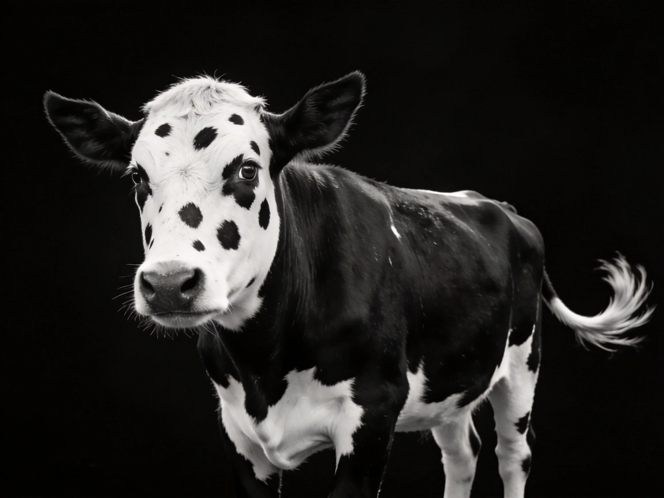 A black and white spotted calf against a solid dark backdrop
