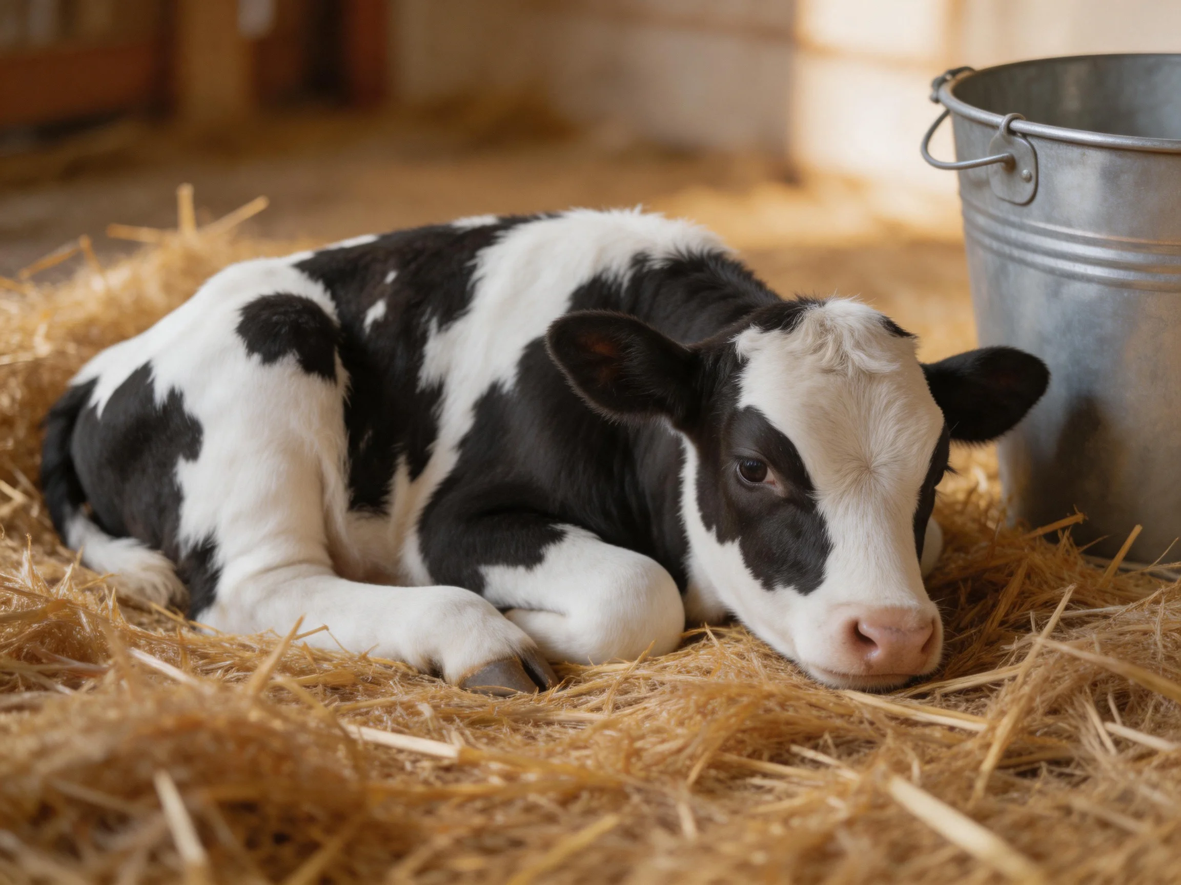 A black and white spotted calf resting on golden straw near a metal bucket