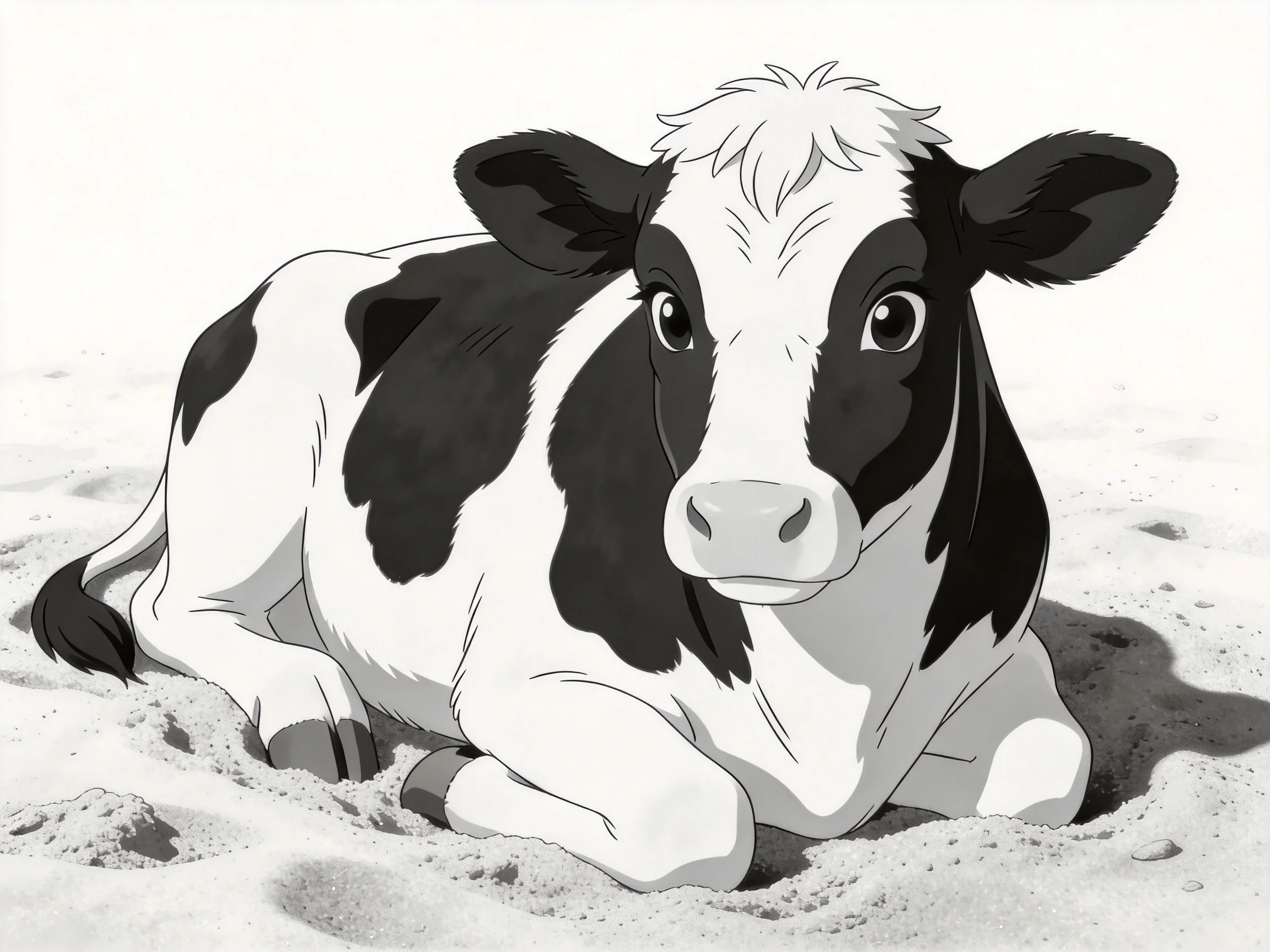A black-and-white spotted calf resting on sandy terrain
