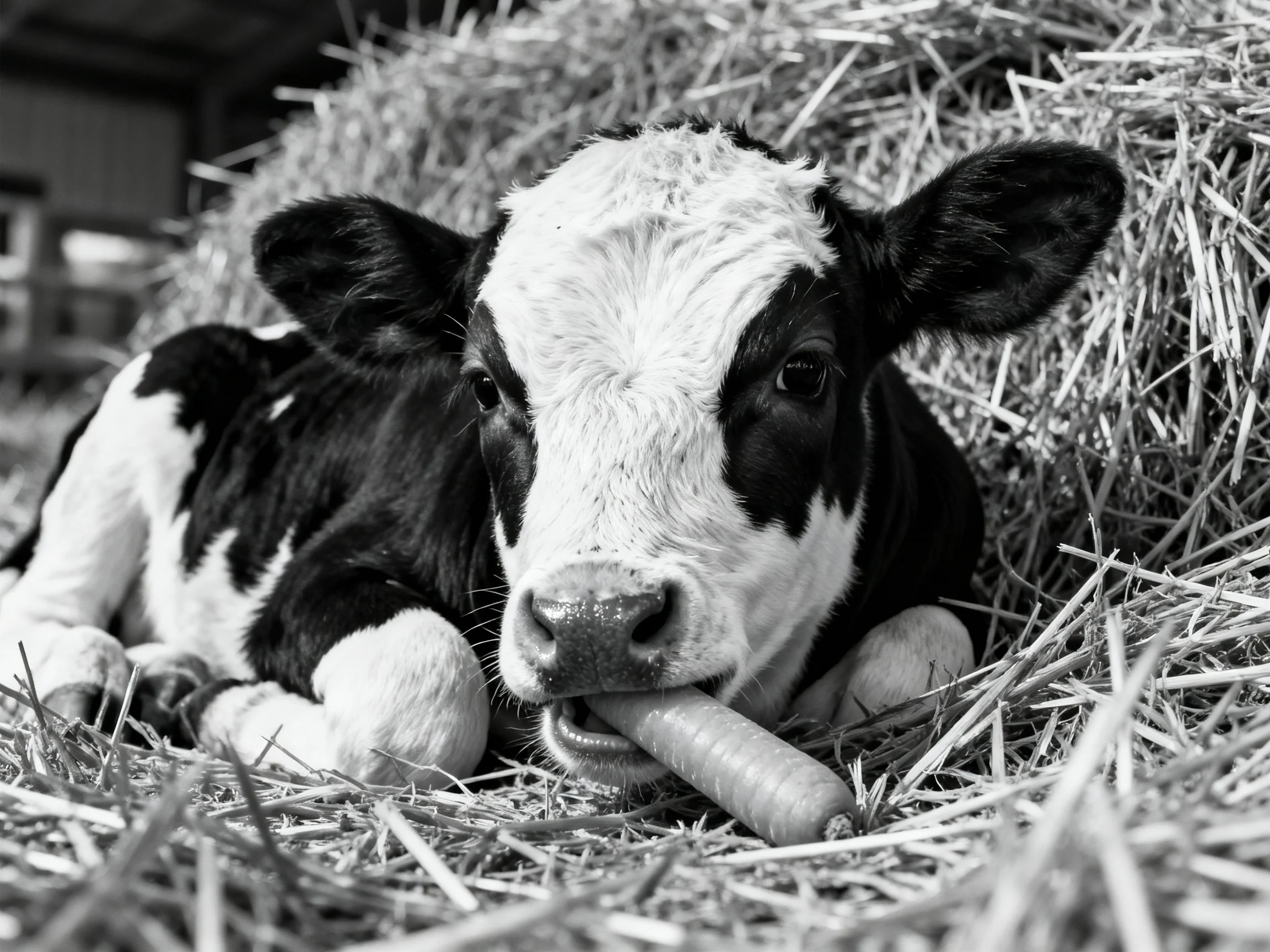 A black - and - white spotted calf rests on hay with a carrot