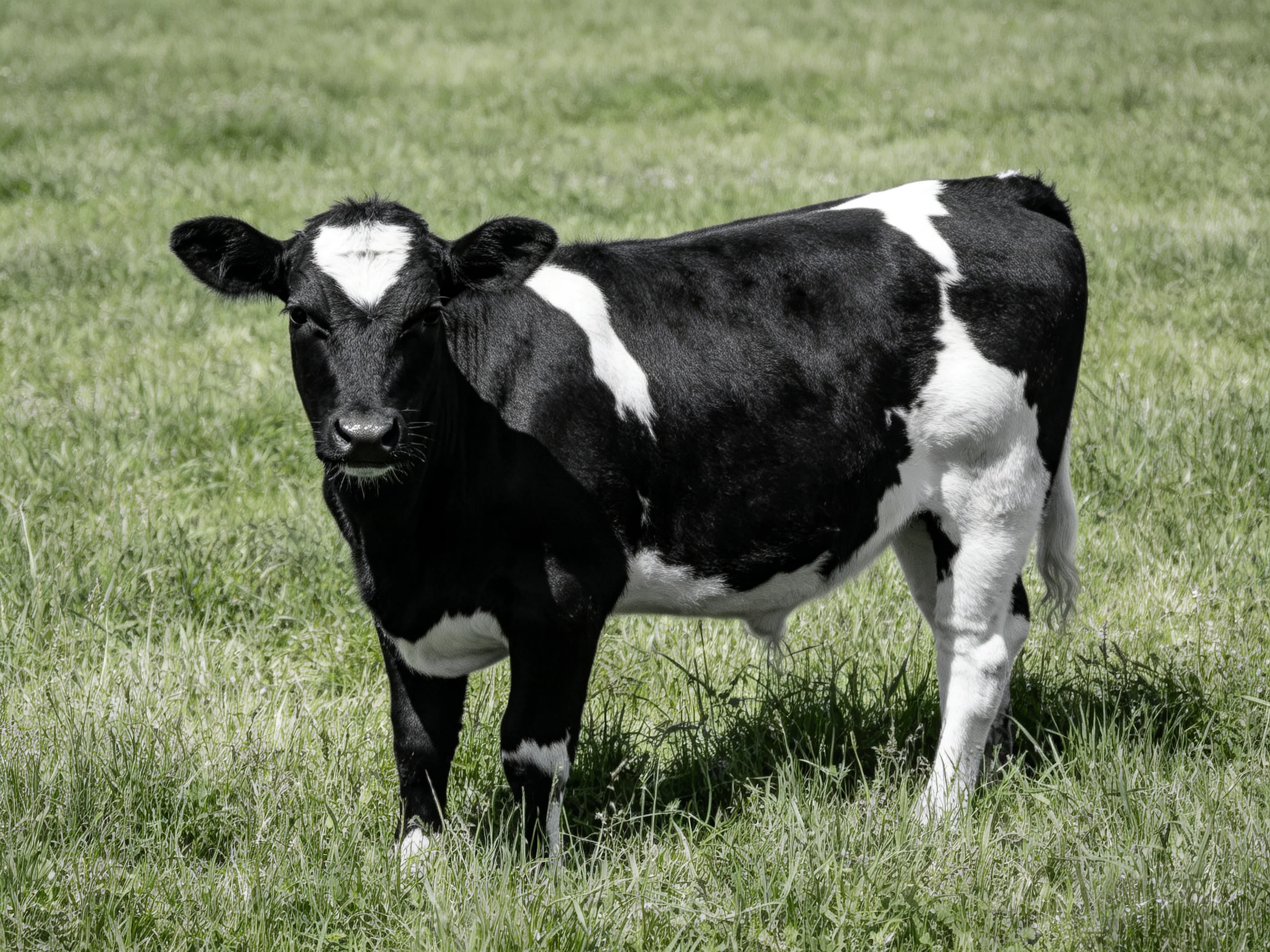 A black and white spotted calf stands in a sunlit grassy field.