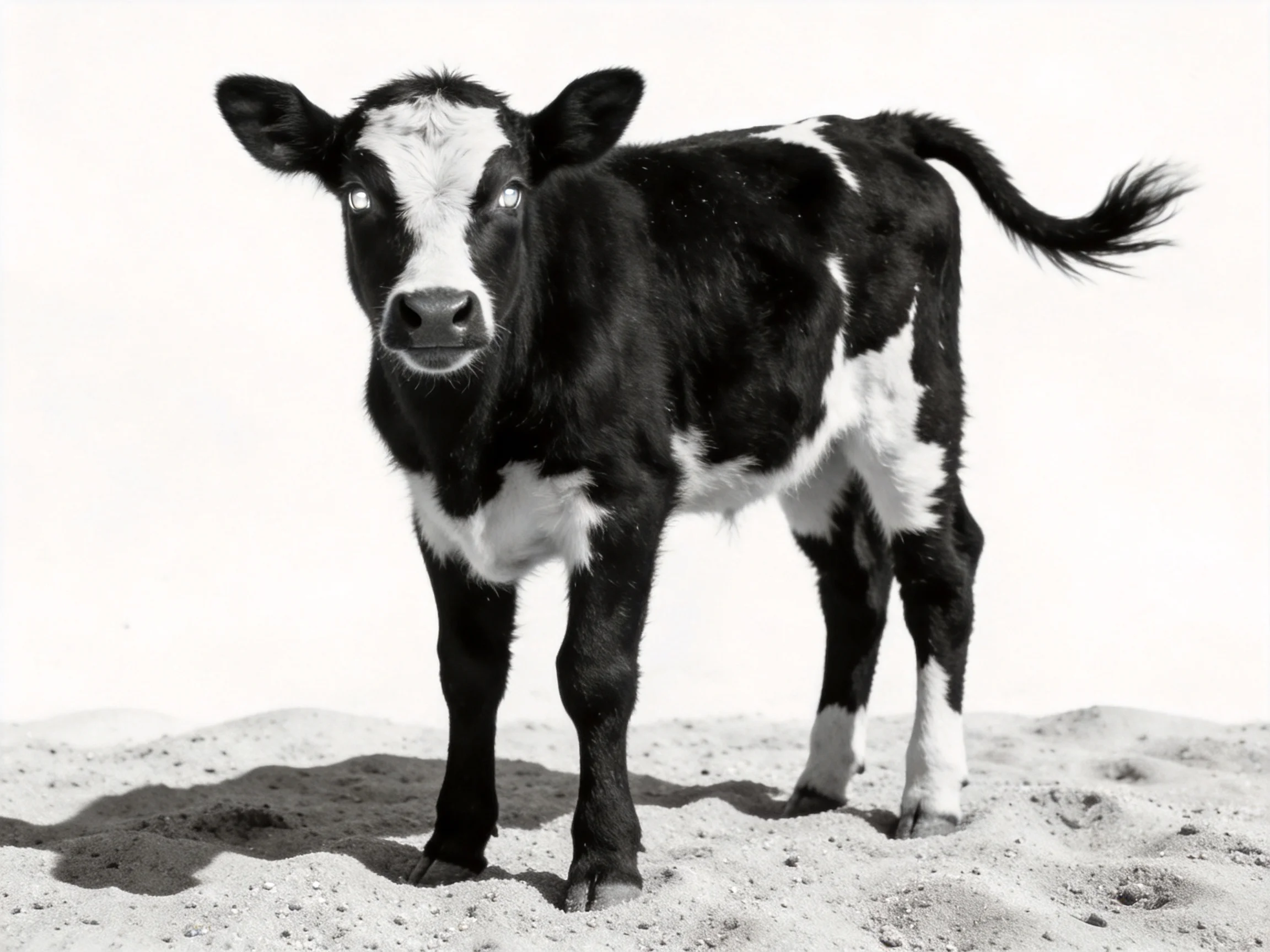 A black and white spotted calf stands on sandy terrain