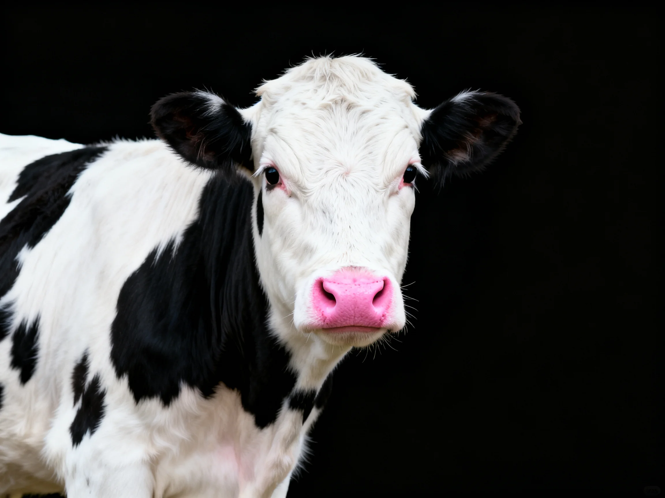A black and white spotted calf with a bright pink nose