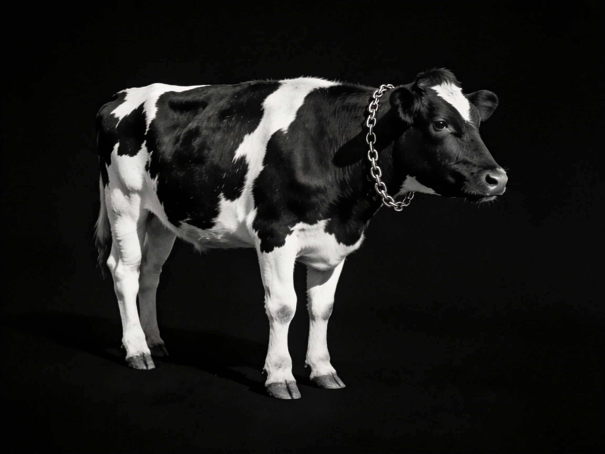 A black and white spotted cow adorned with a metal chain collar