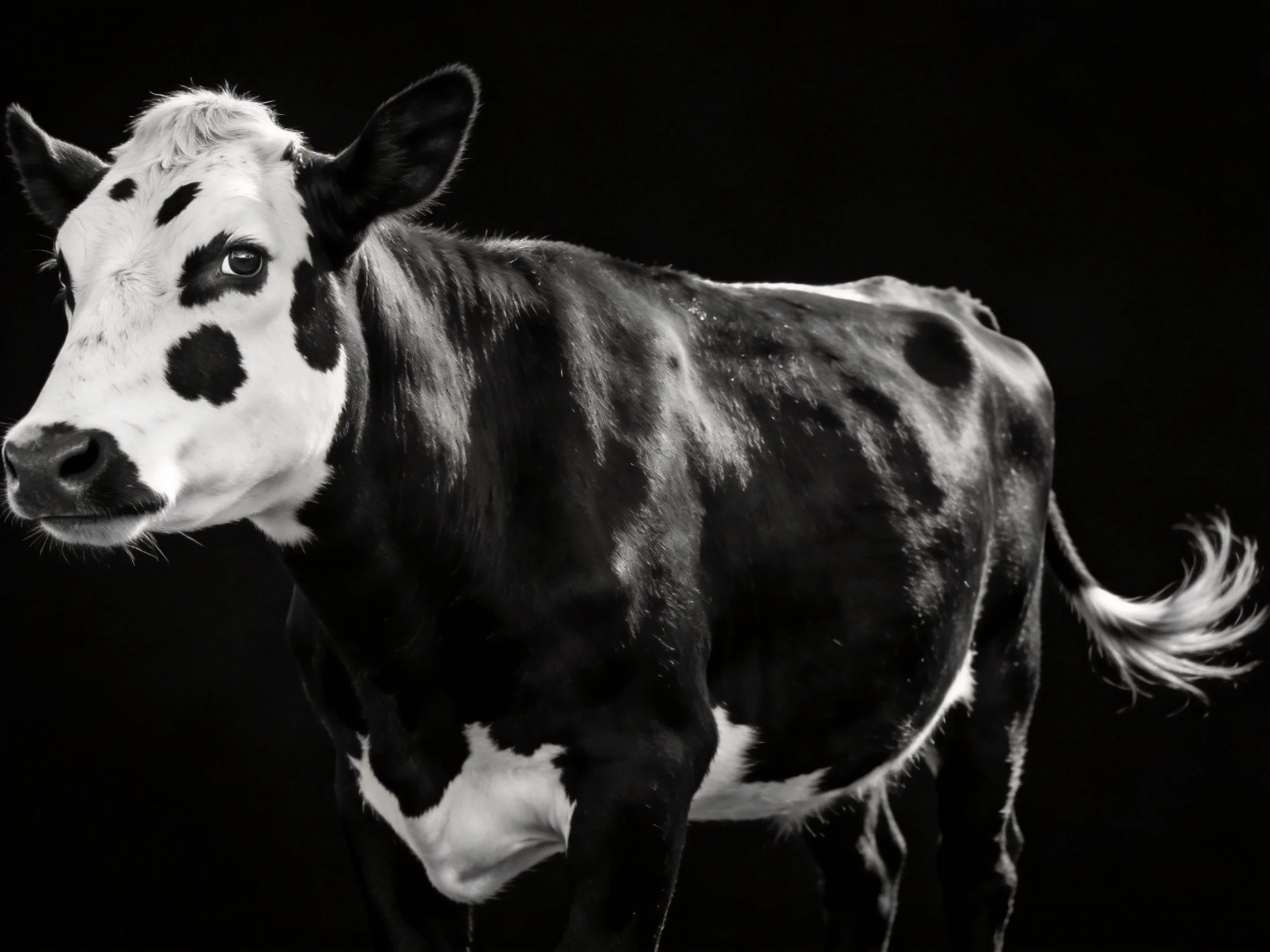 A black and white spotted cow against a solid dark backdrop
