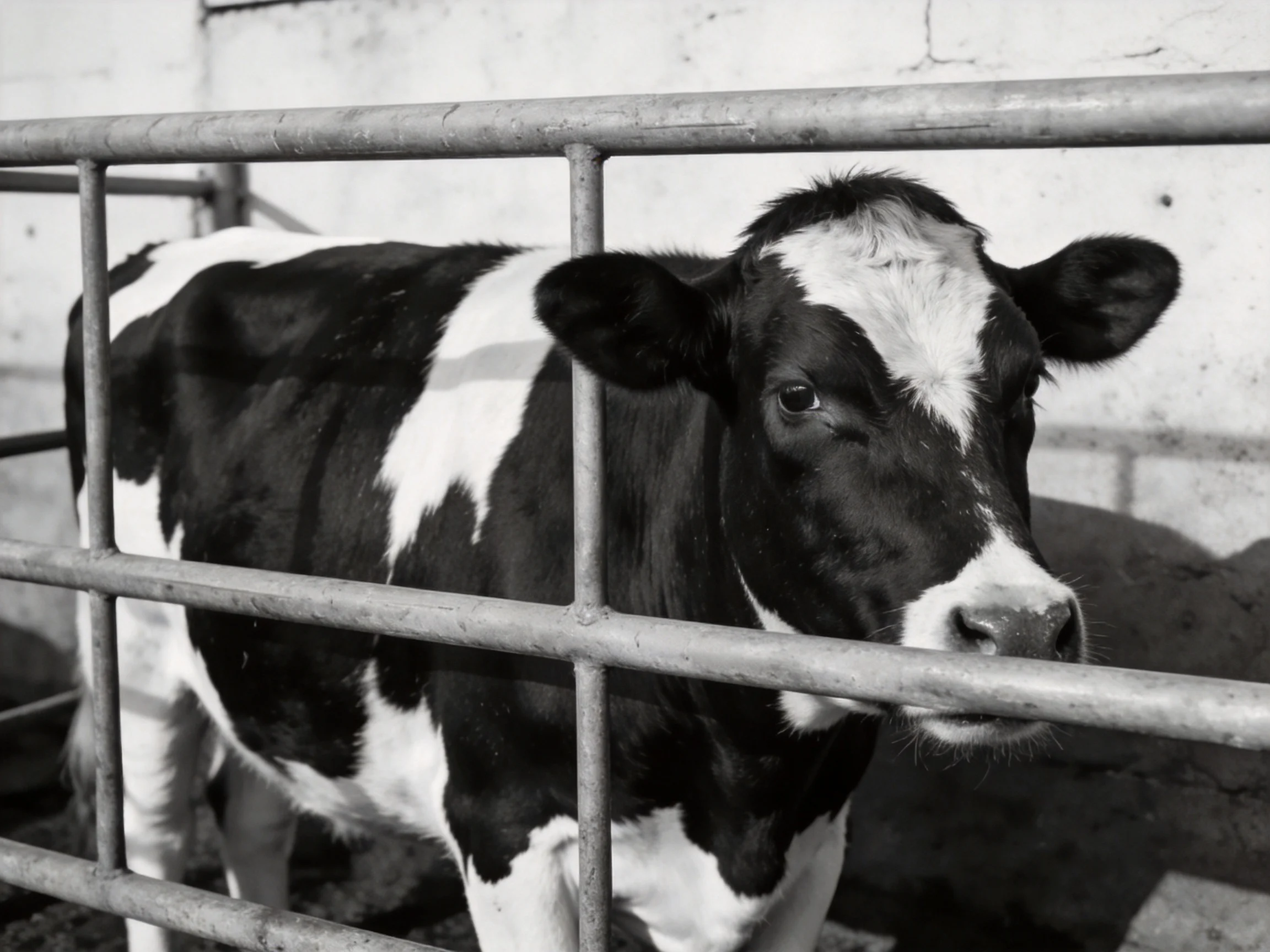 A black and white spotted cow behind metal fence bars