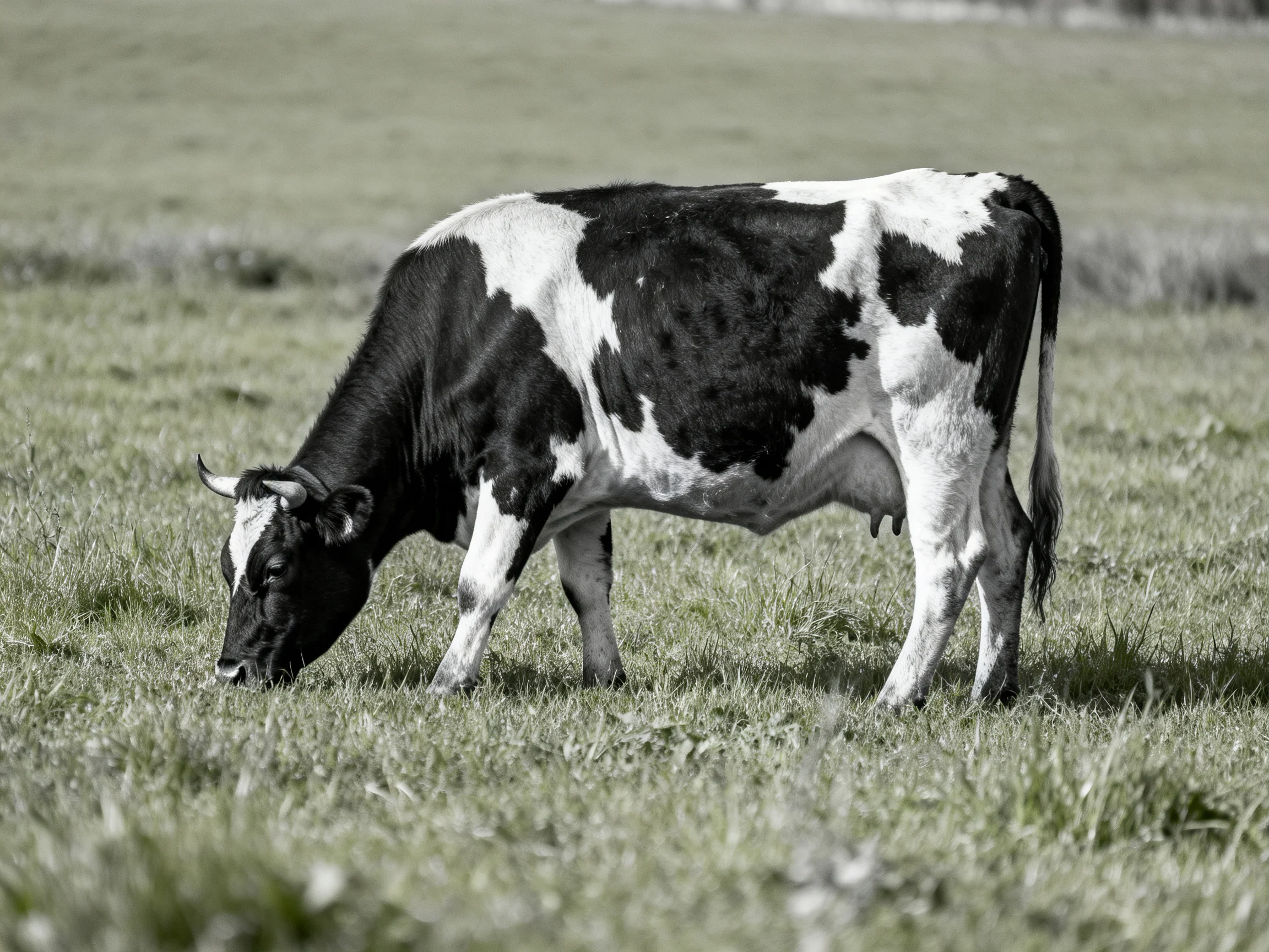 A black and white spotted cow grazing in a grassy field