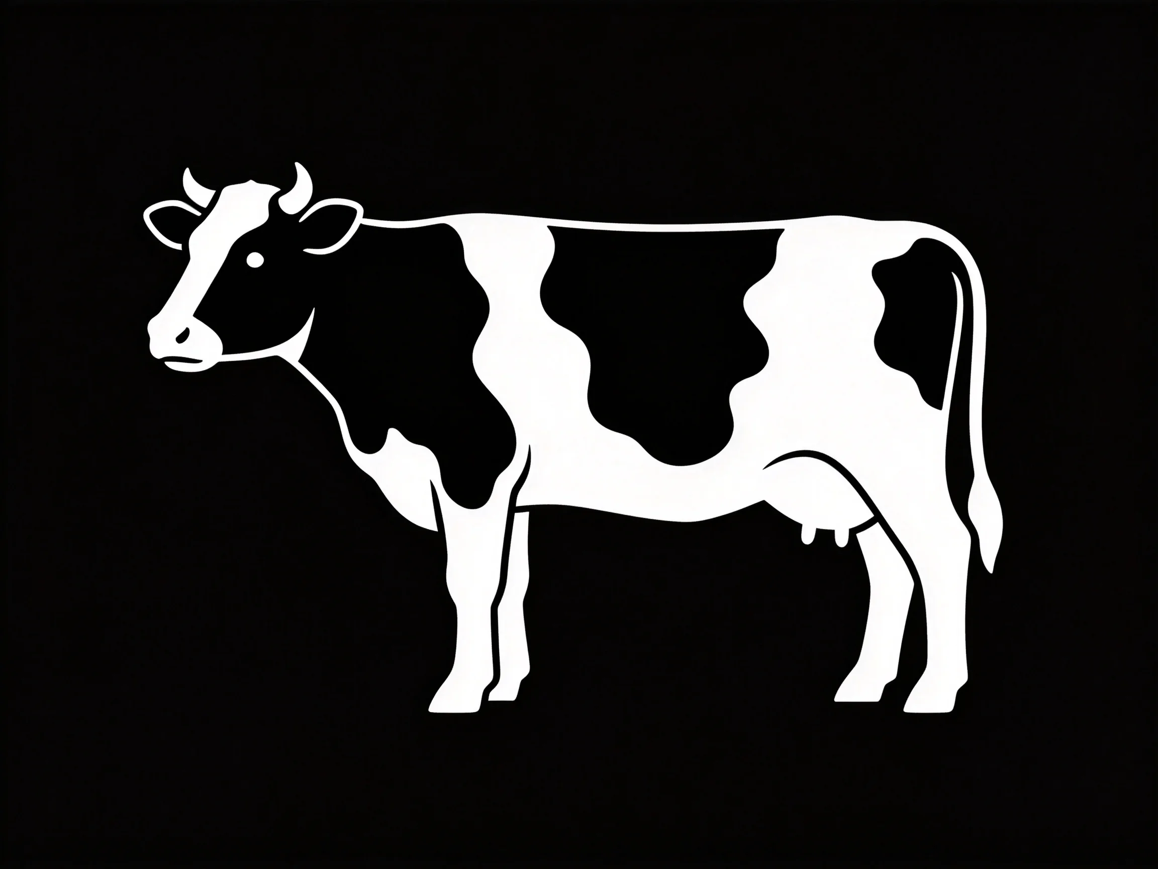 A black and white spotted cow is displayed against a solid black background.