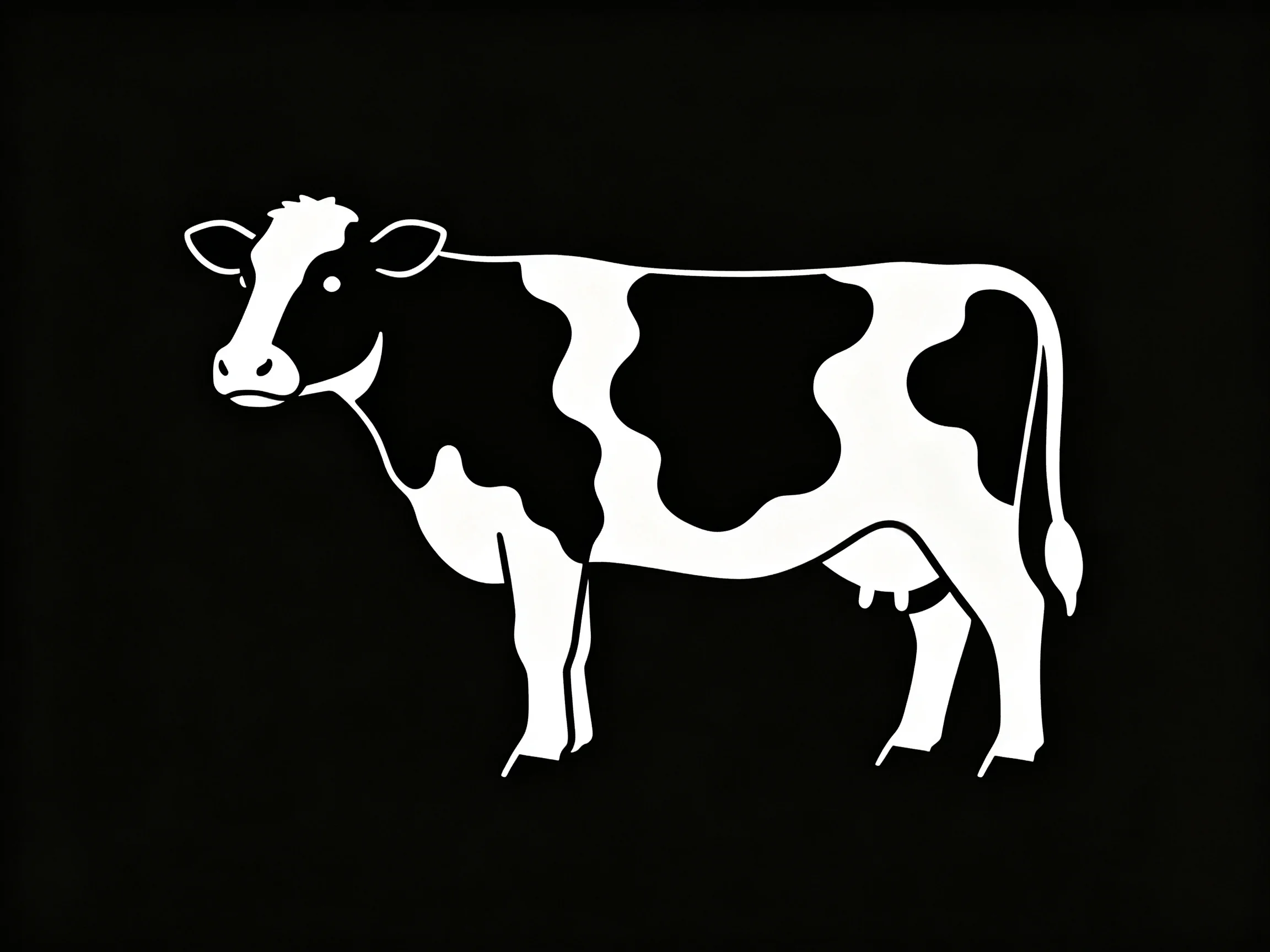 A black and white spotted cow illustration on a solid black background