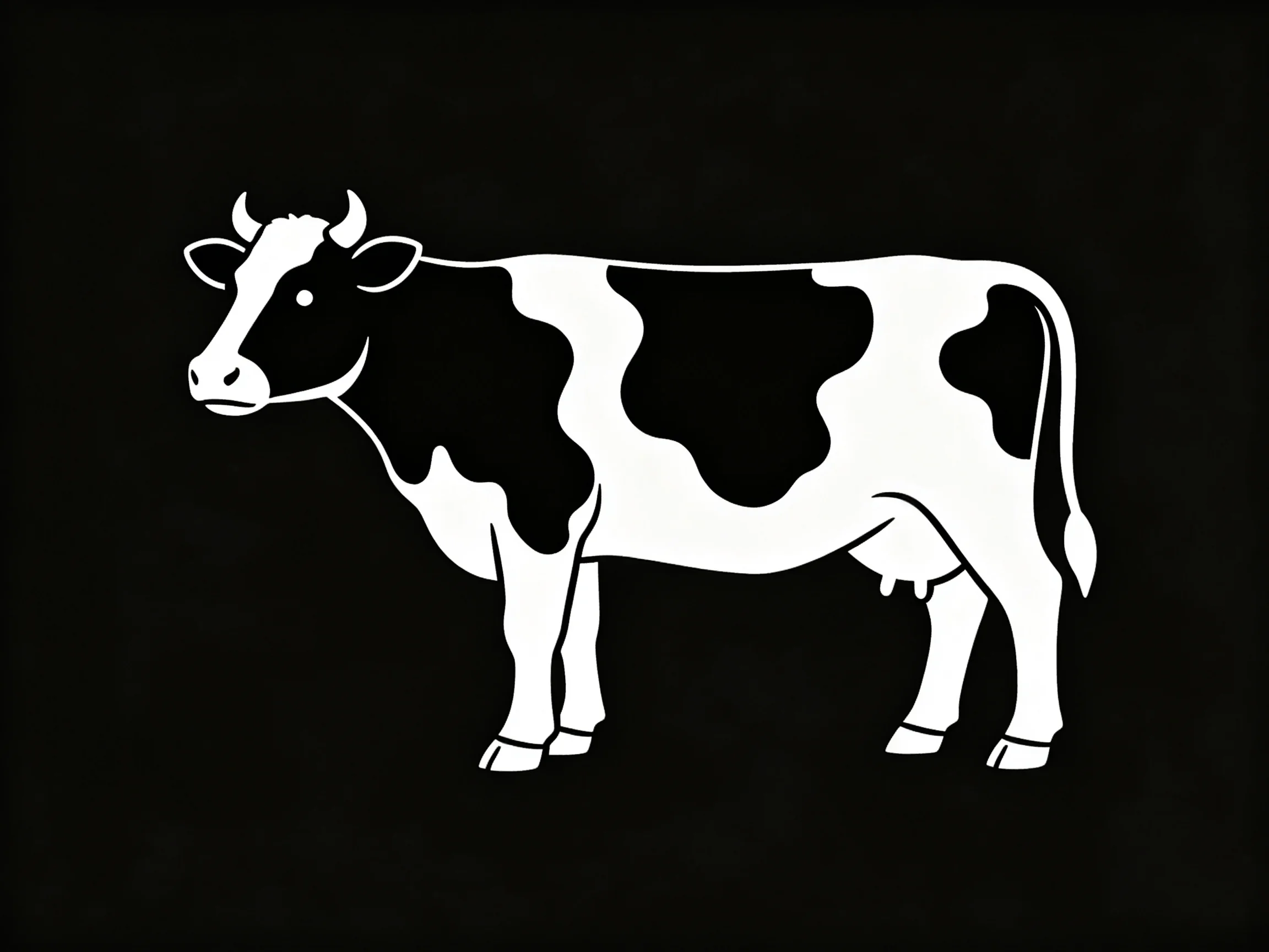A black and white spotted cow illustration on a solid black background