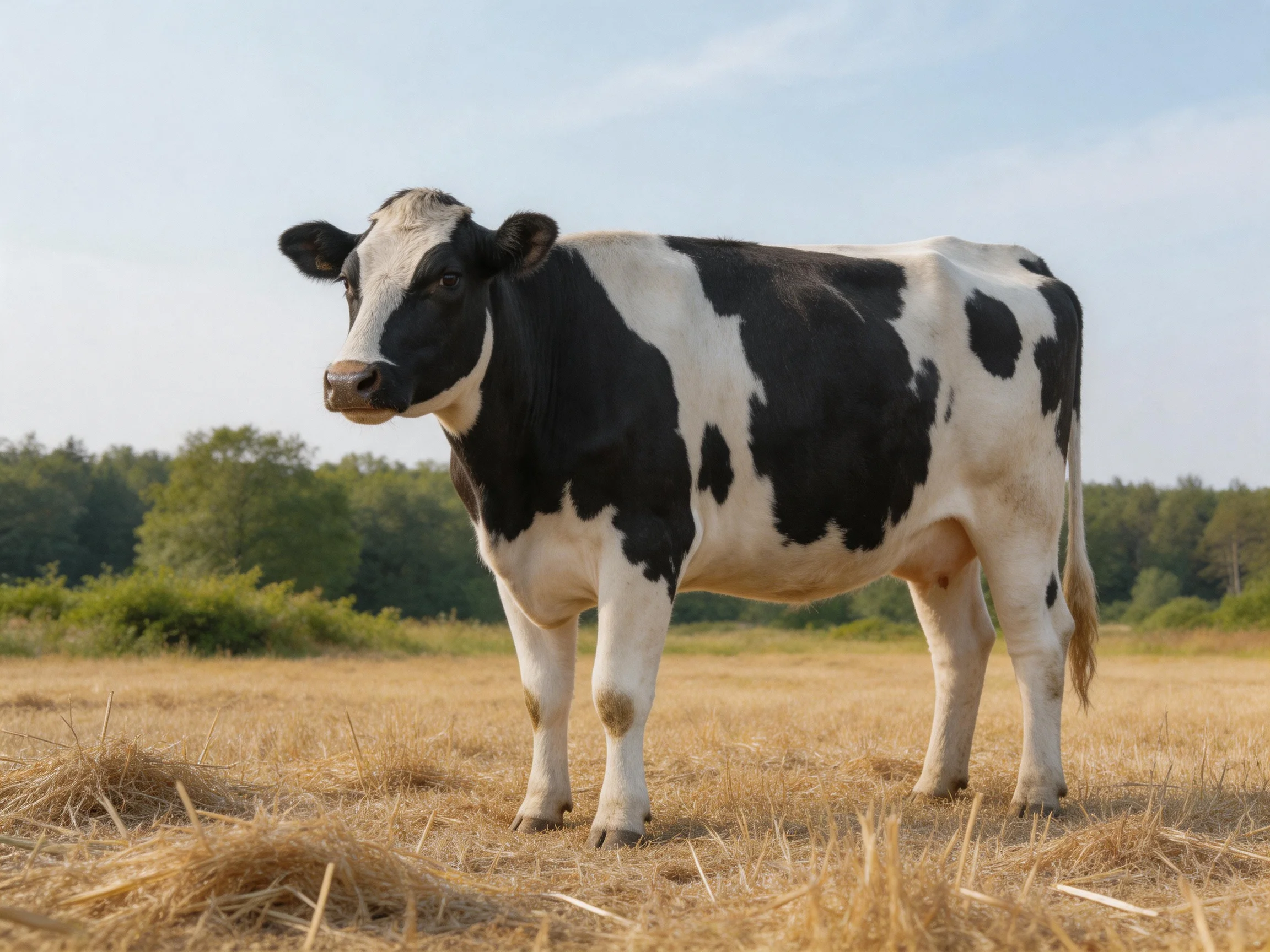 A black and white spotted cow in a hay-filled open field