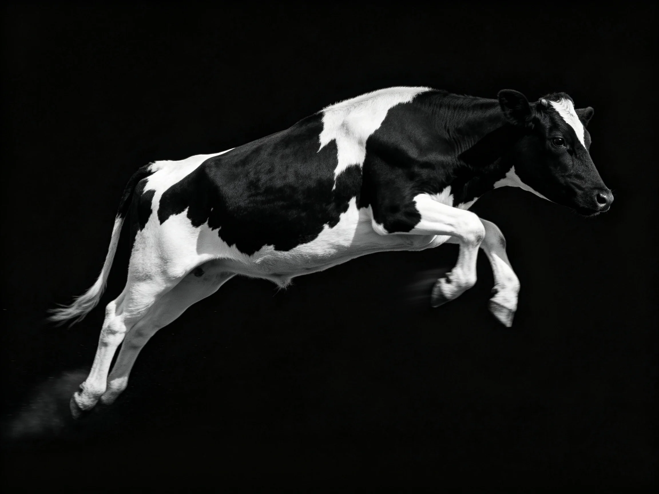 A black and white spotted cow jumps in mid-air against a dark background