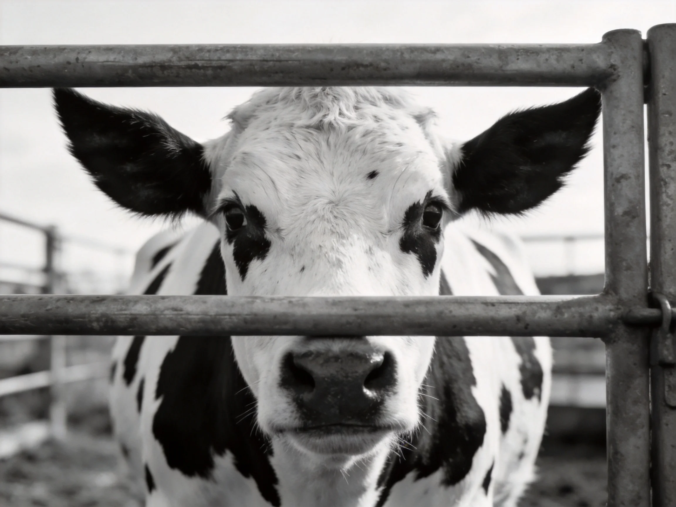 A black - and - white spotted cow peers through metal fence rails