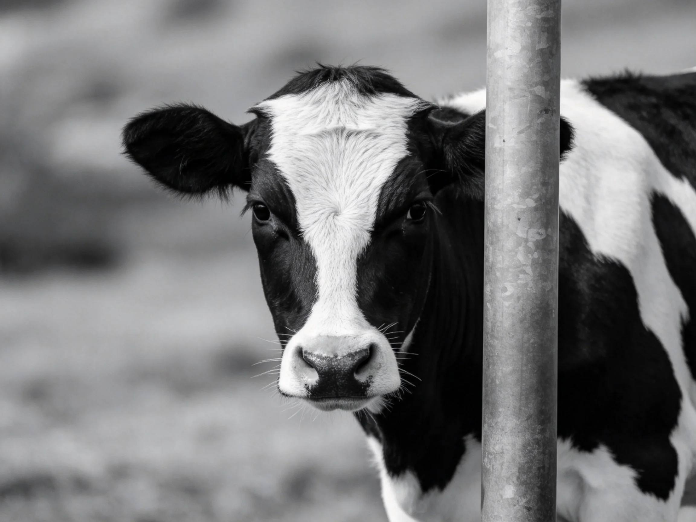 A black and white cow stands next to a metallic pole with a blurred outdoor background.