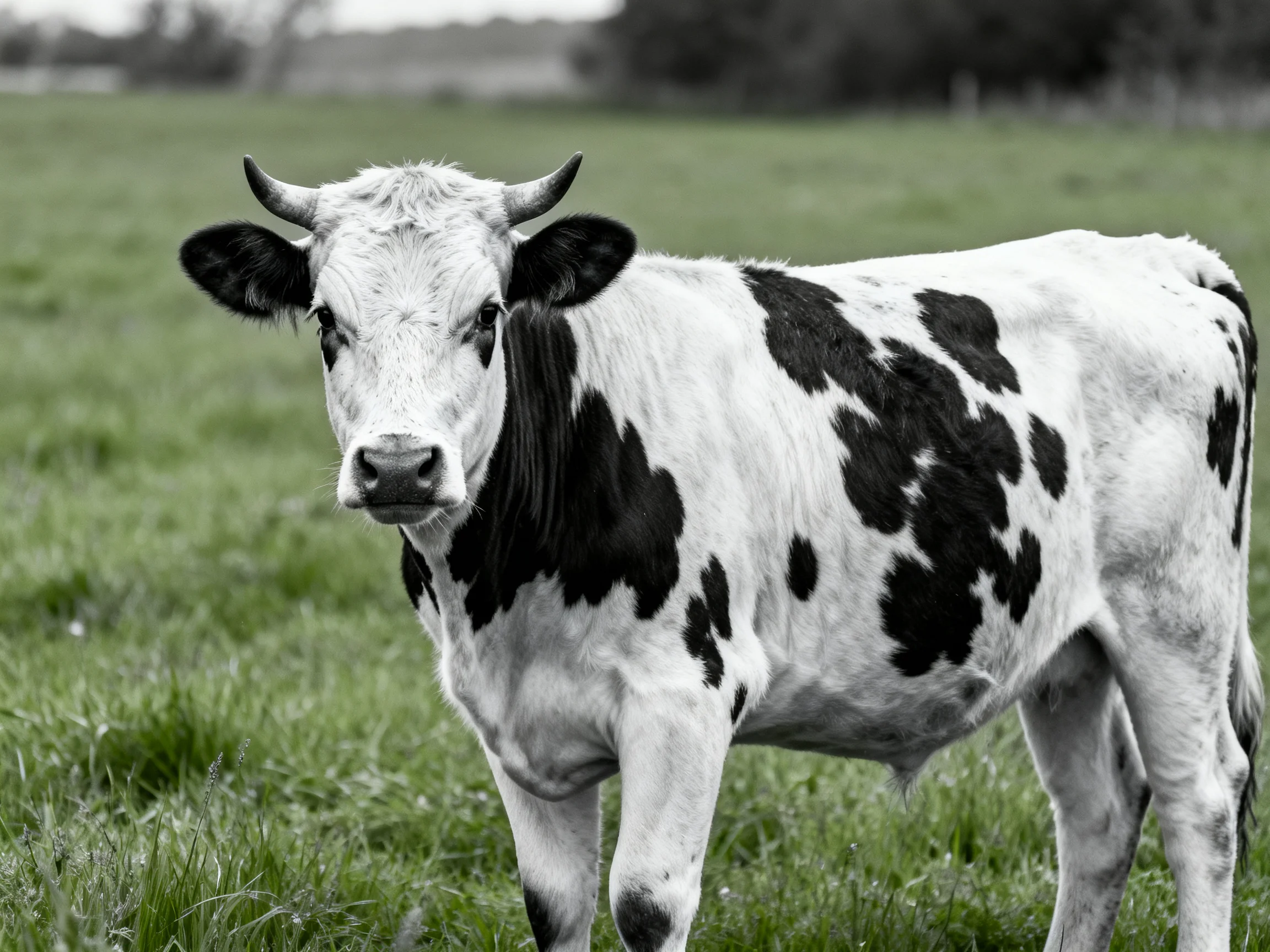 A black and white spotted cow stands in a grassy field