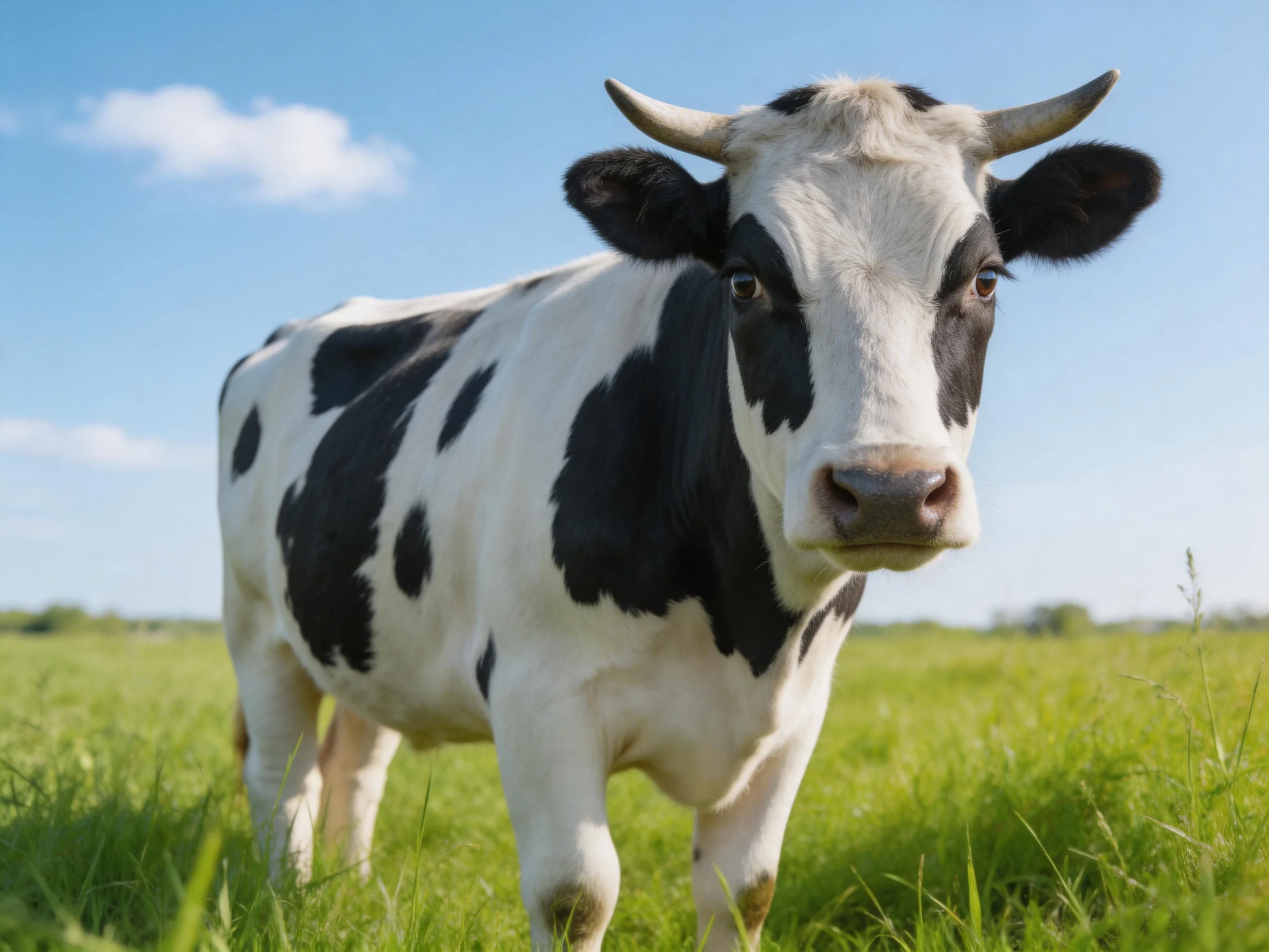 A black and white spotted cow stands in a lush green meadow
