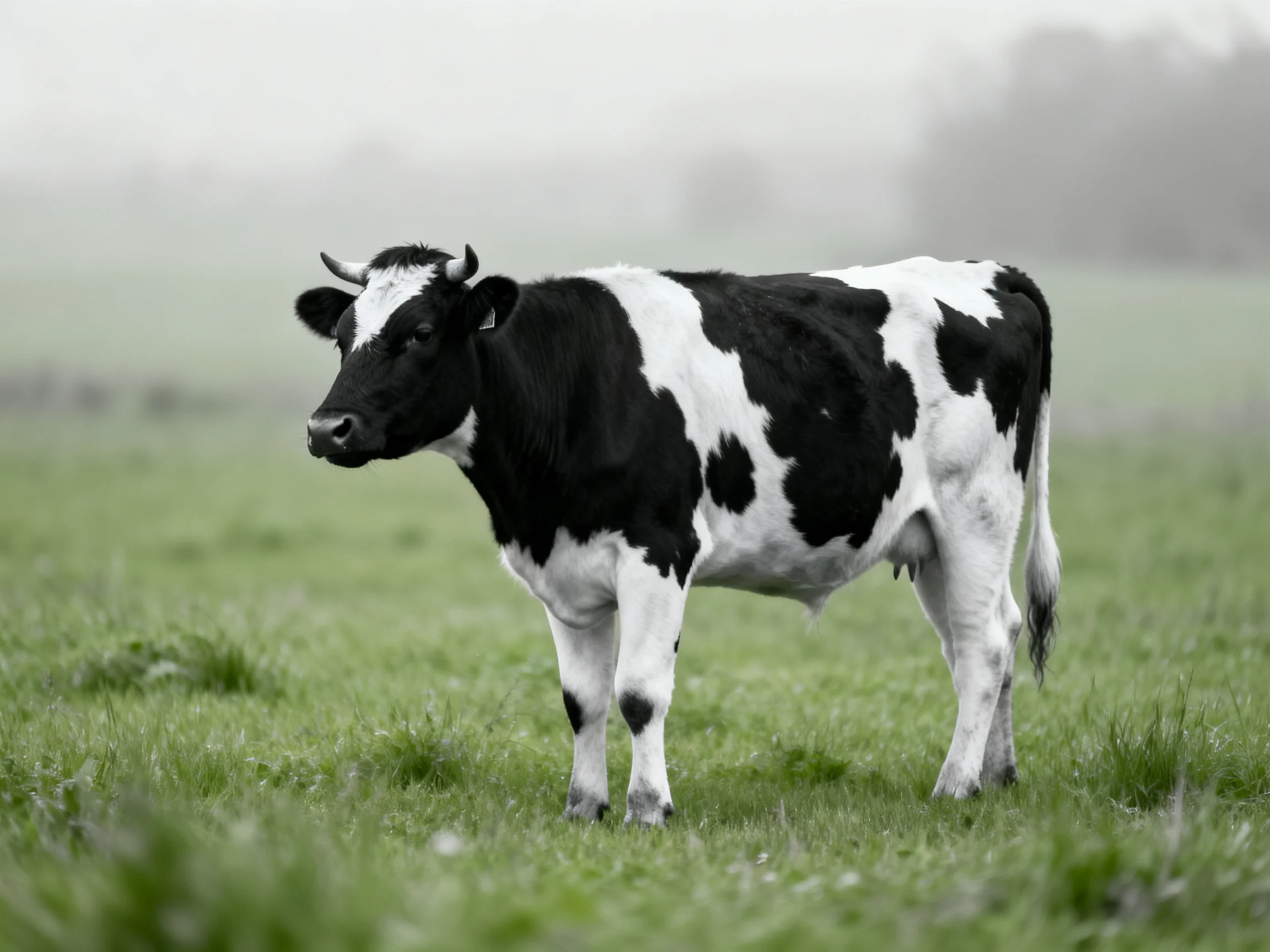 A black and white spotted cow stands in a misty green pasture