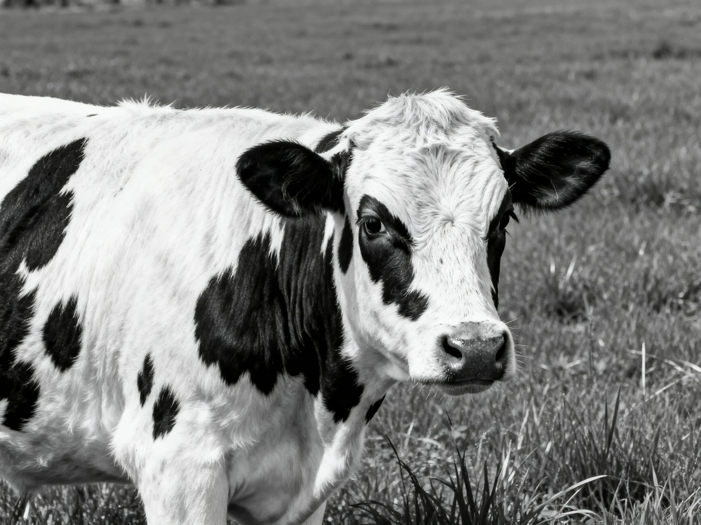 A black - and - white spotted cow stands in a sunlit grassy field
