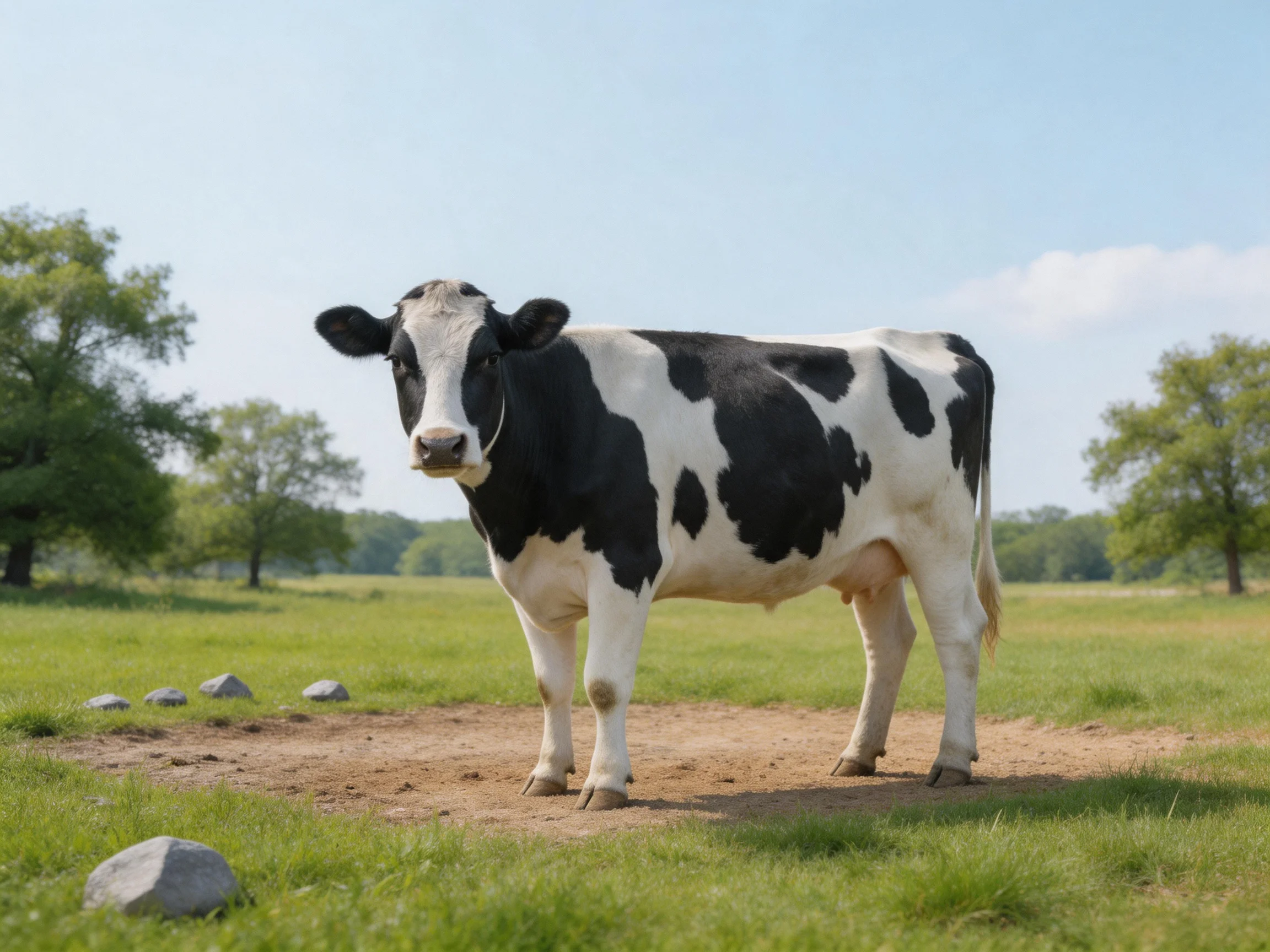 A black and white spotted cow stands in a sunny grassy field