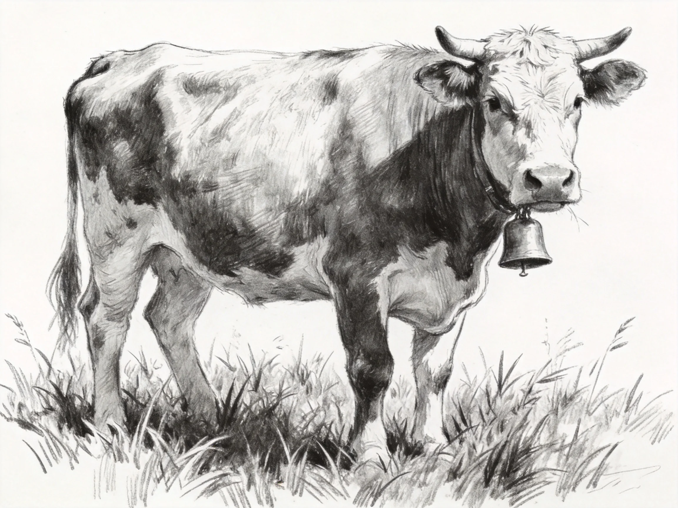 A black-and-white spotted cow stands in tall grass wearing a bell.