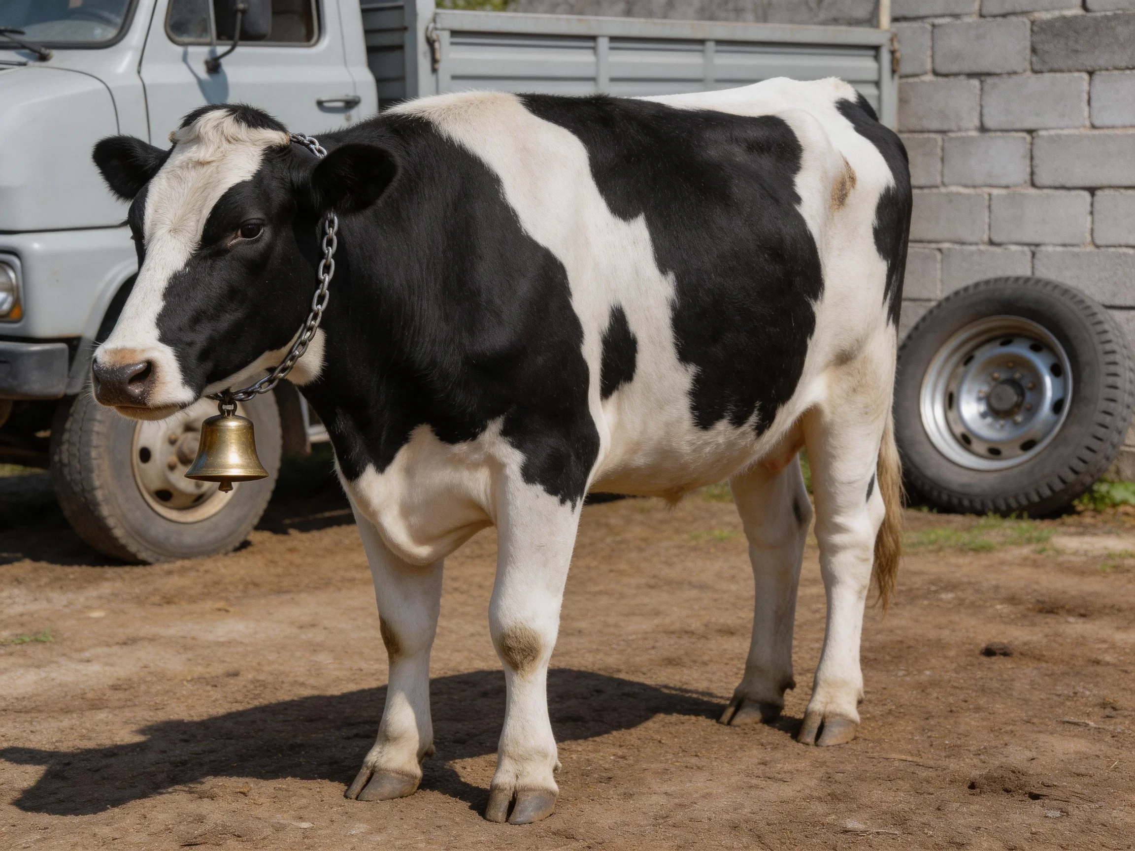A black and white spotted cow with a bell near a gray truck