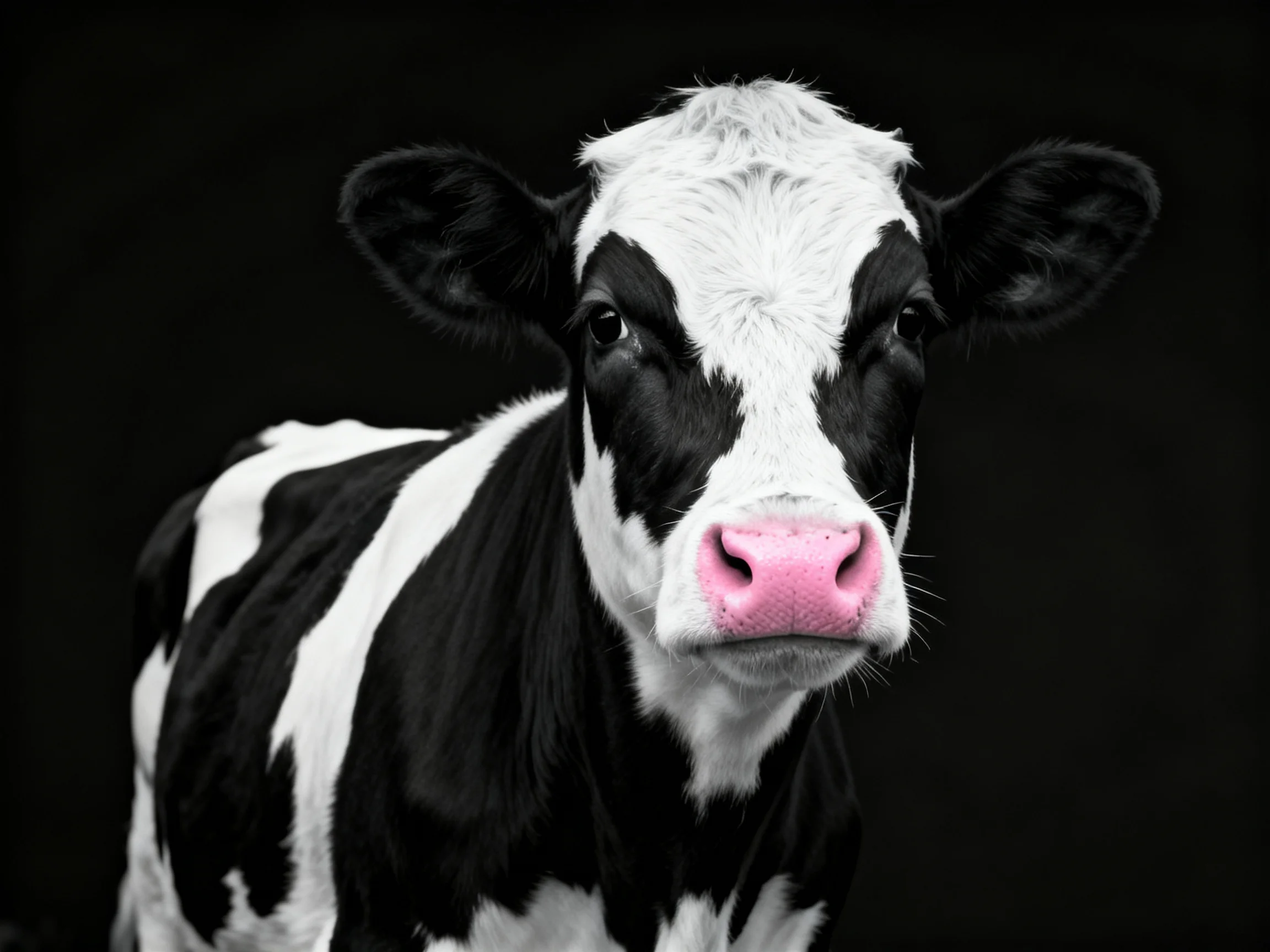 A black and white spotted cow with a bright pink snout