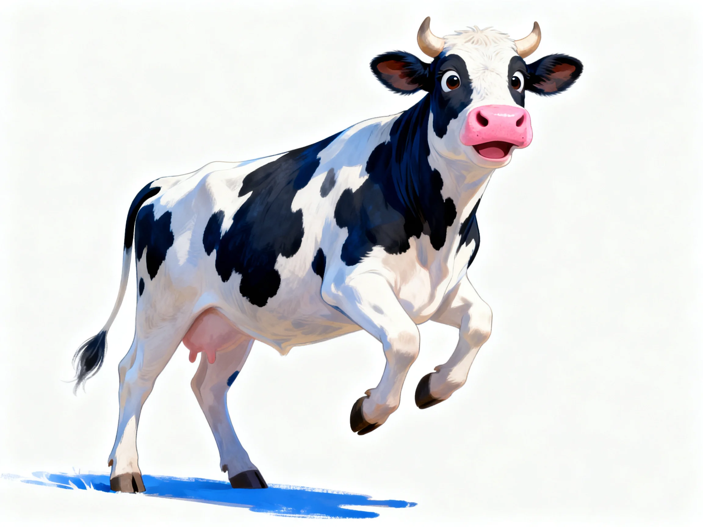 A black and white spotted cow with a pink snout leaping forward