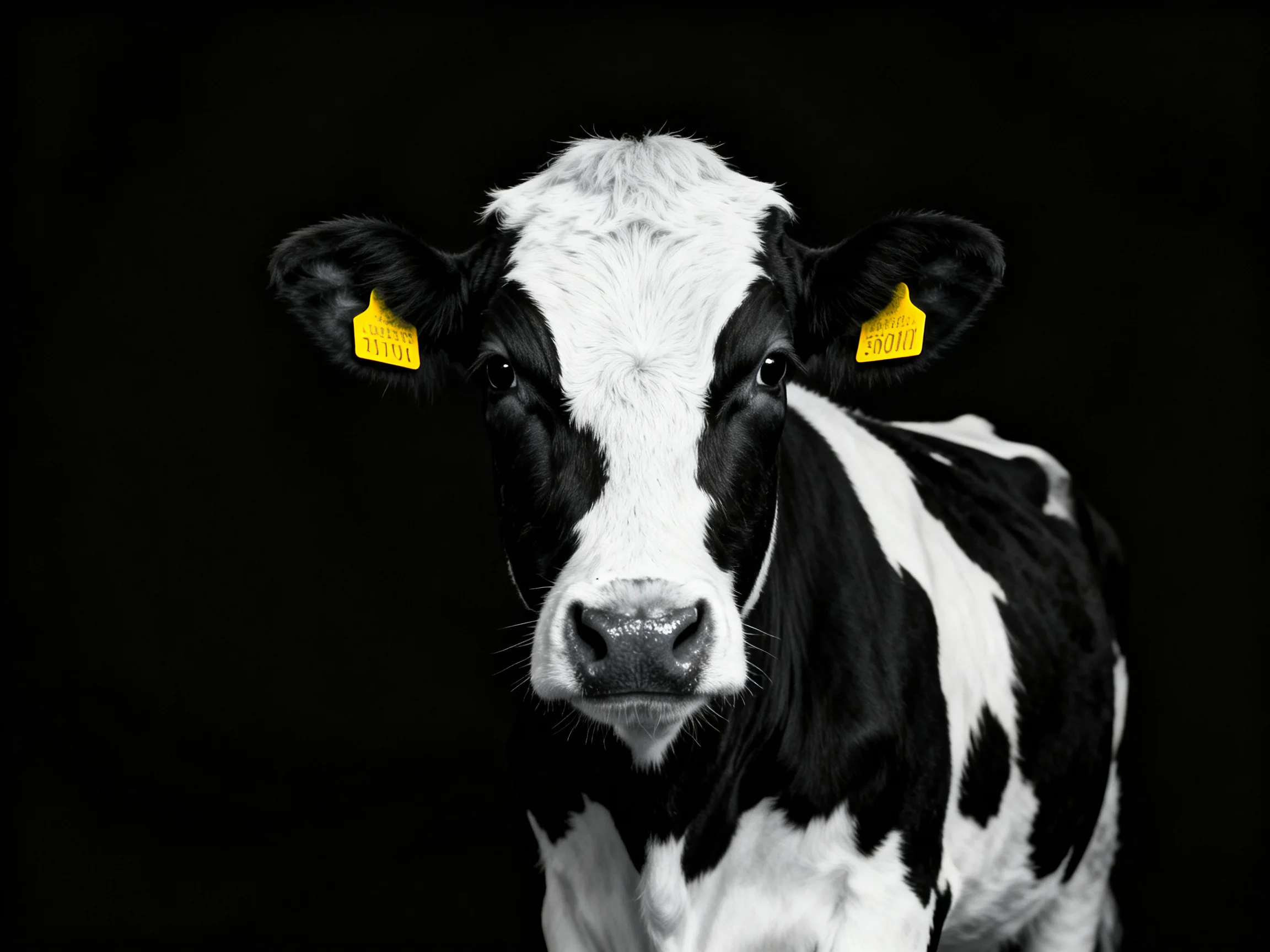 A black and white spotted cow with bright yellow ear tags against a solid black backdrop