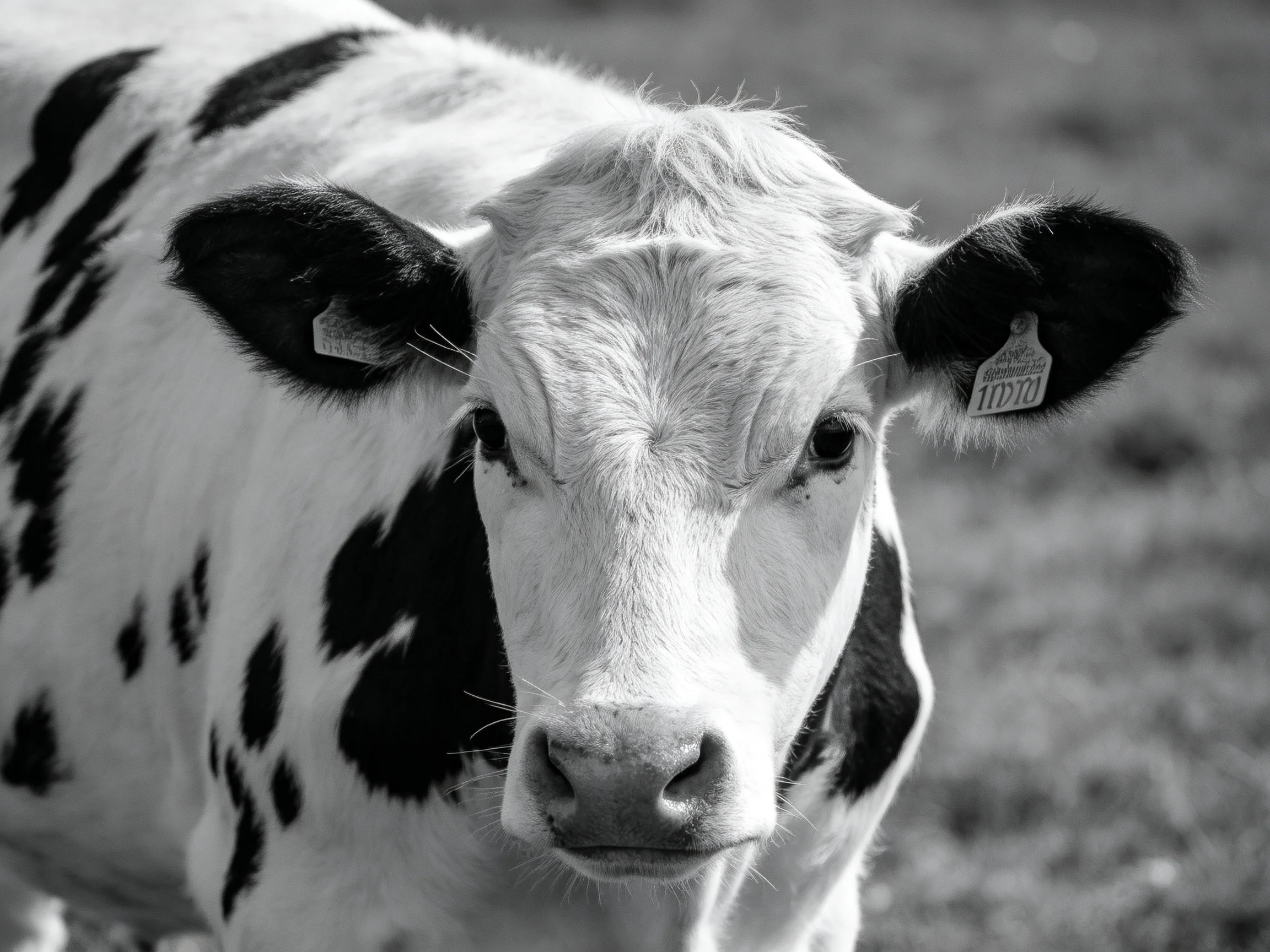 A black and white spotted cow with ear tags in an open field