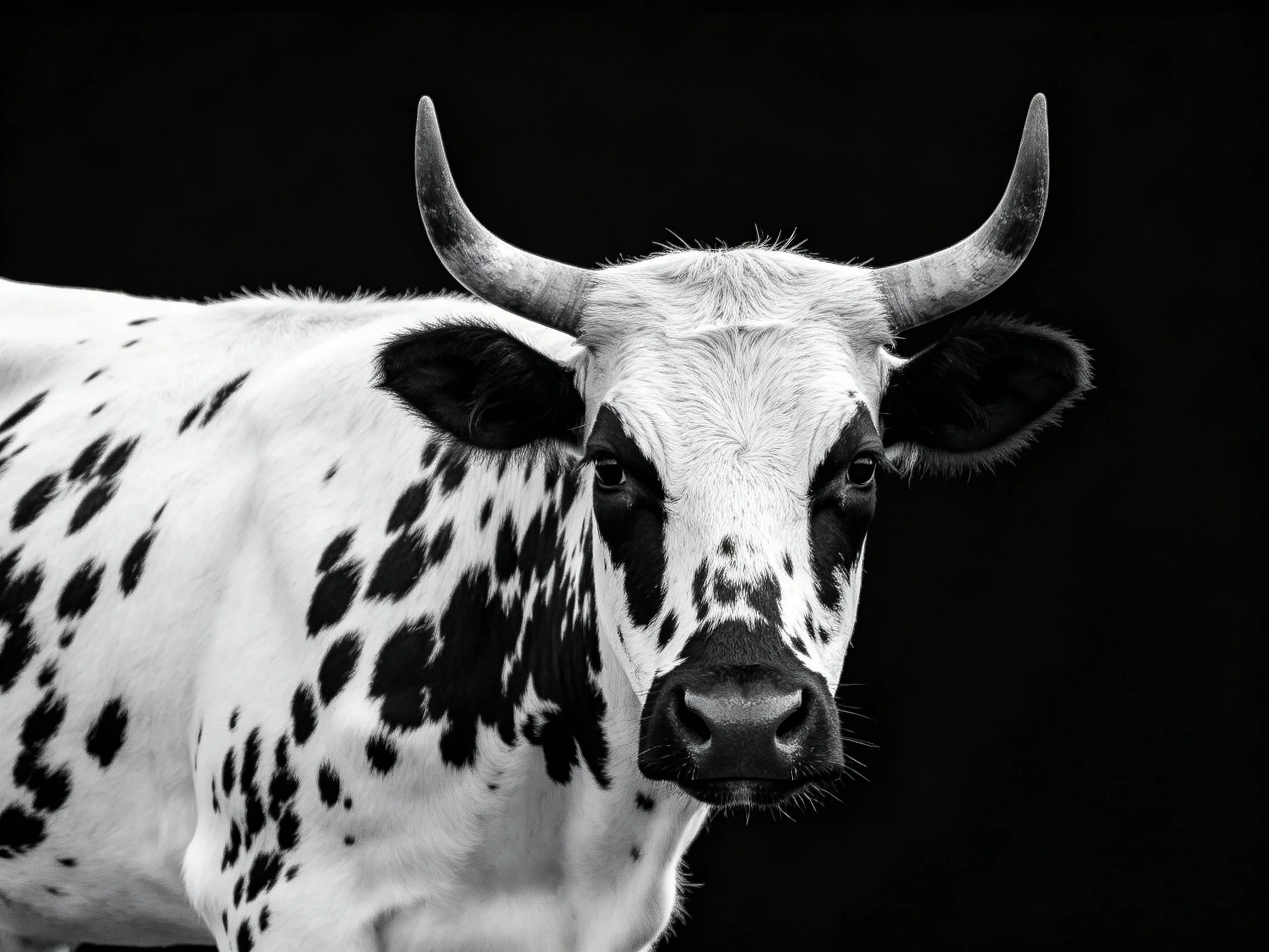 A black-and-white spotted cow with large curved horns stands out against a solid black background.