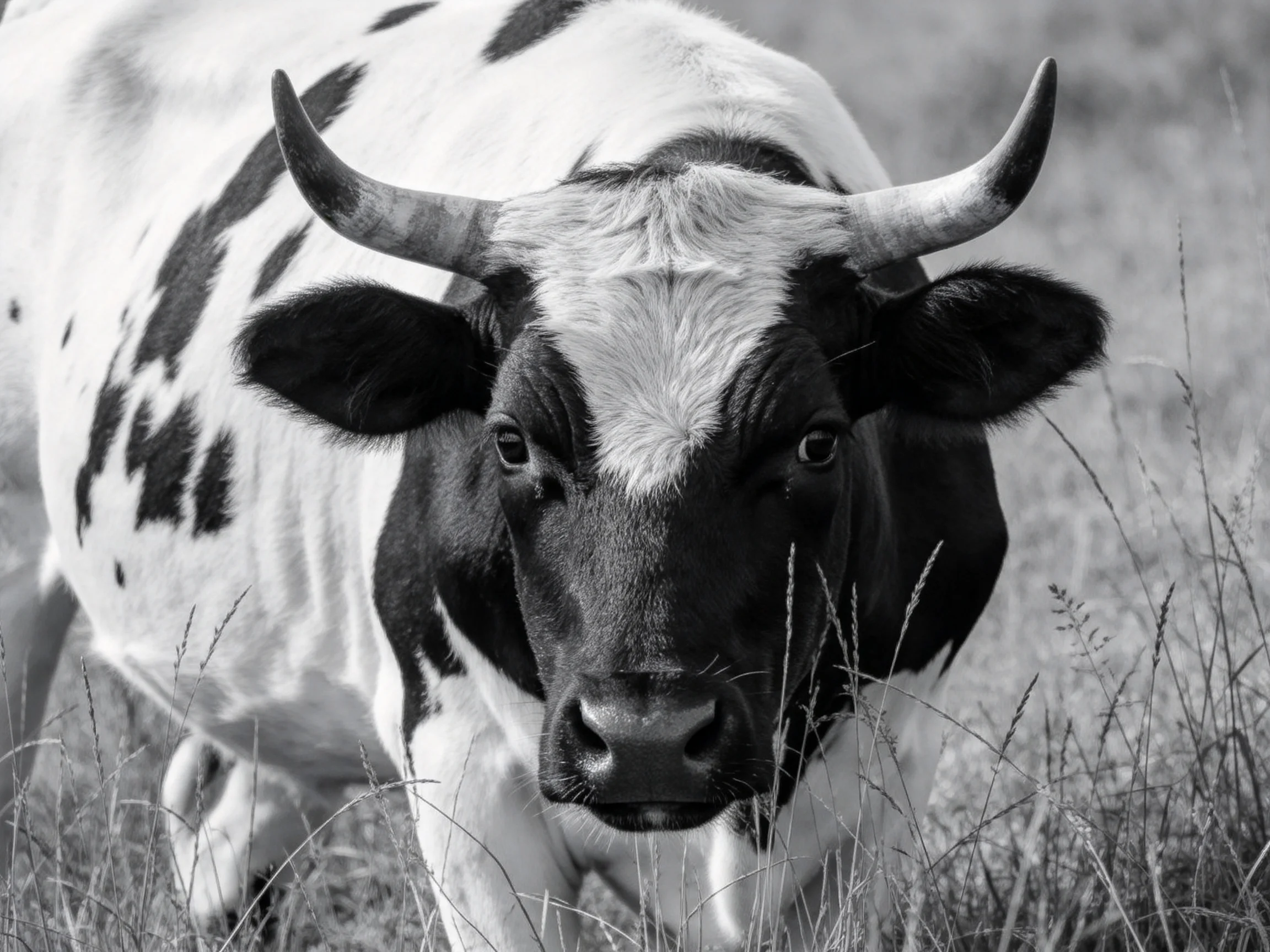 A black and white spotted cow with large curved horns in tall grass