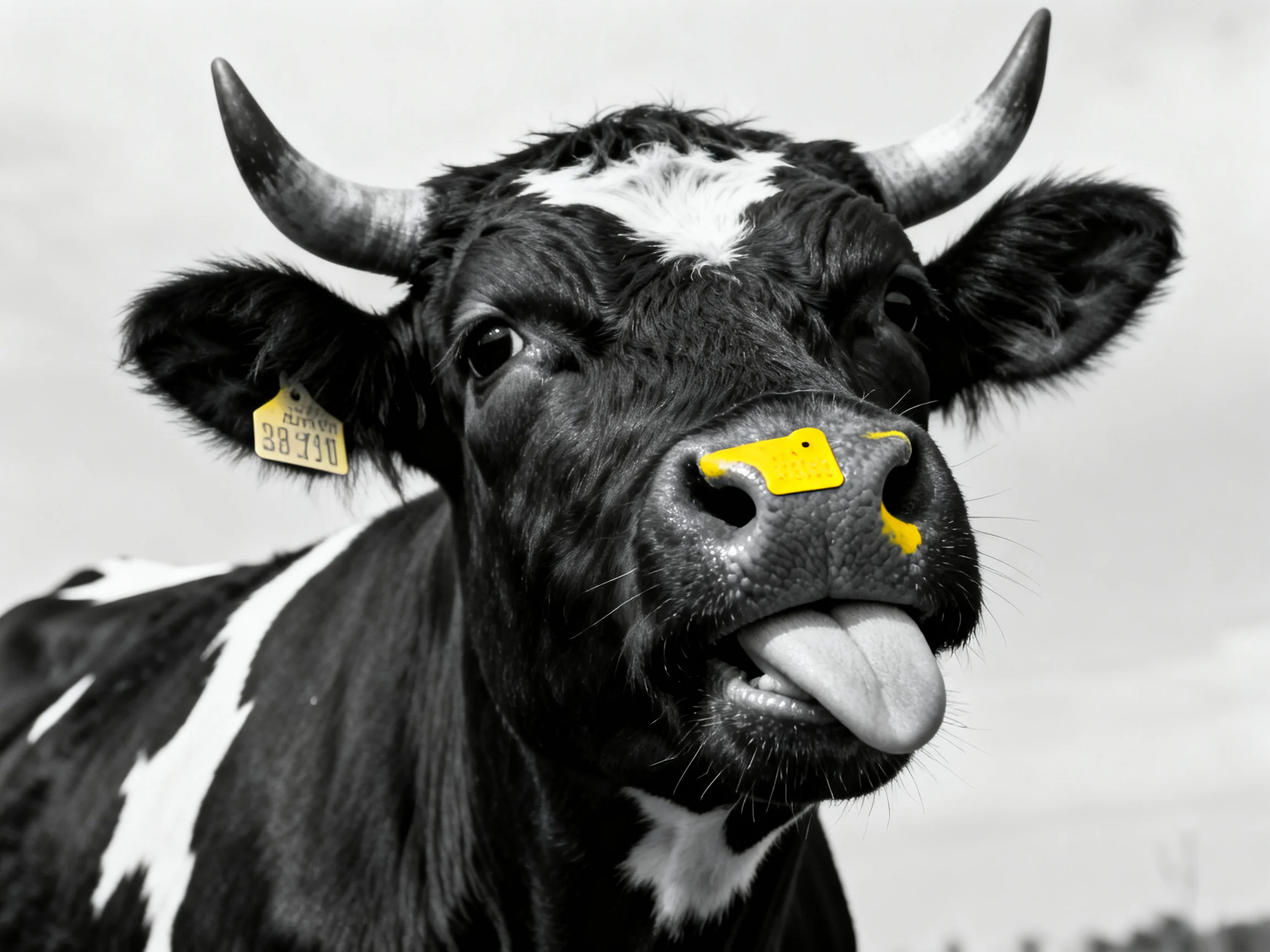 A black and white spotted cow with yellow ear and nose markers