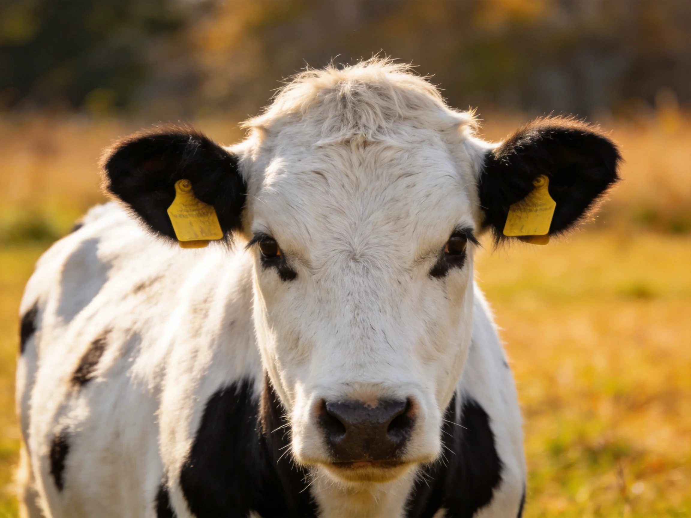 A black-and-white spotted cow with yellow ear tags in a golden field
