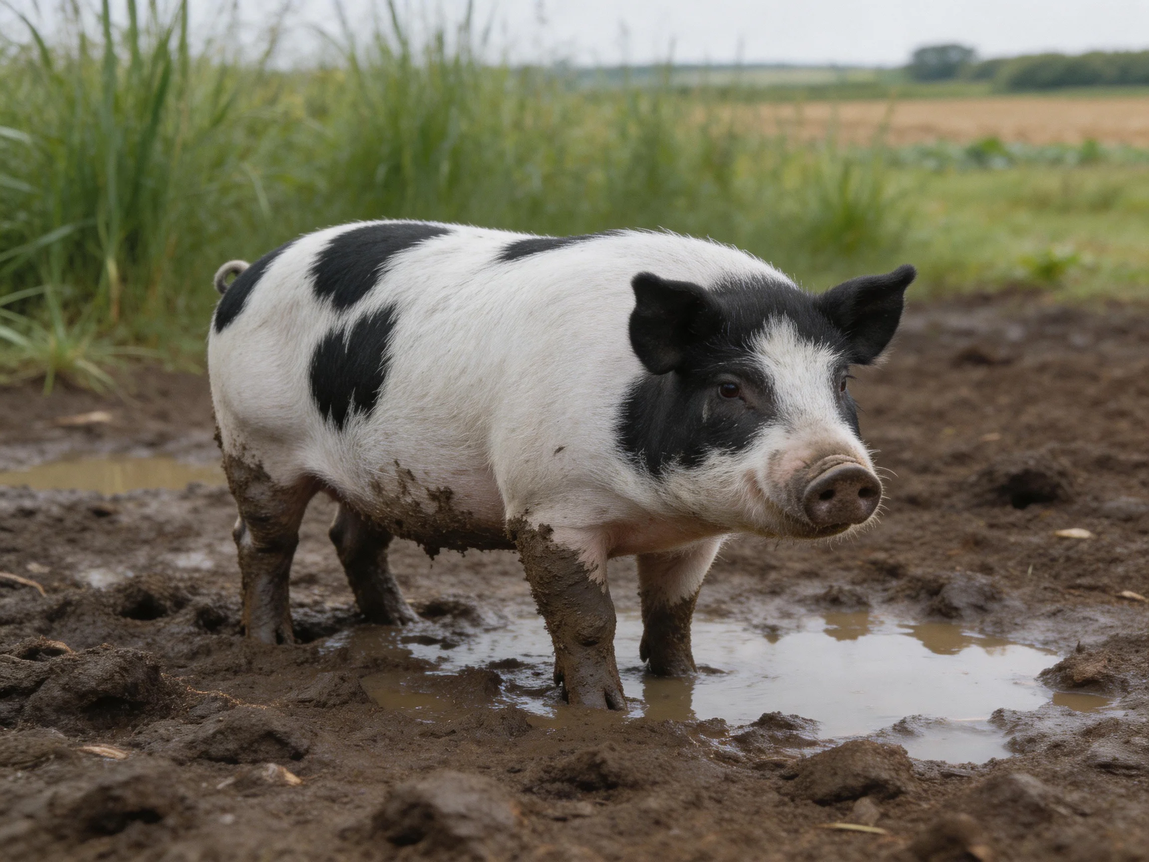 A black and white spotted pig in muddy terrain near tall grass