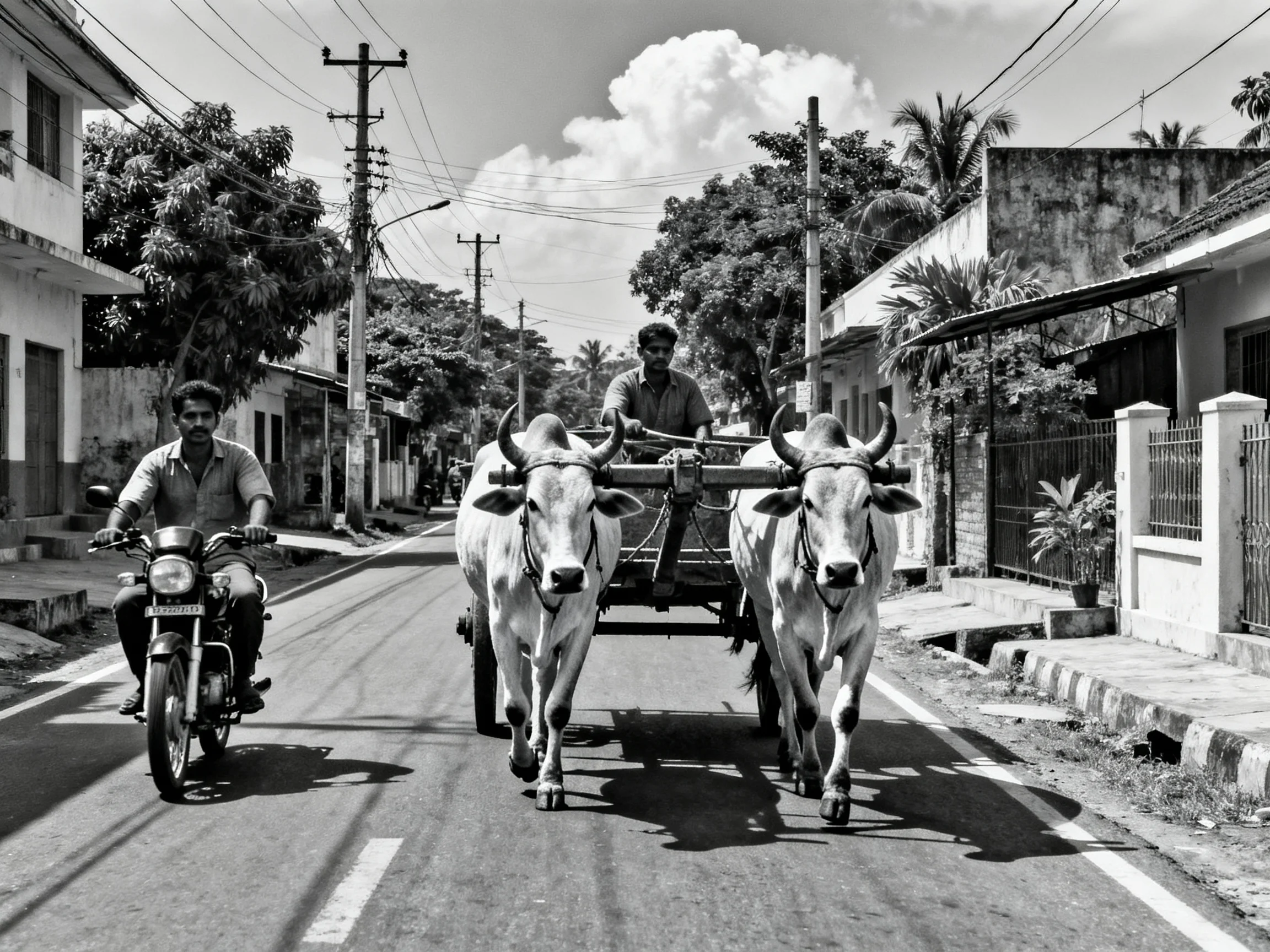 A black-and-white village street with a cow-drawn cart and motorcyclist