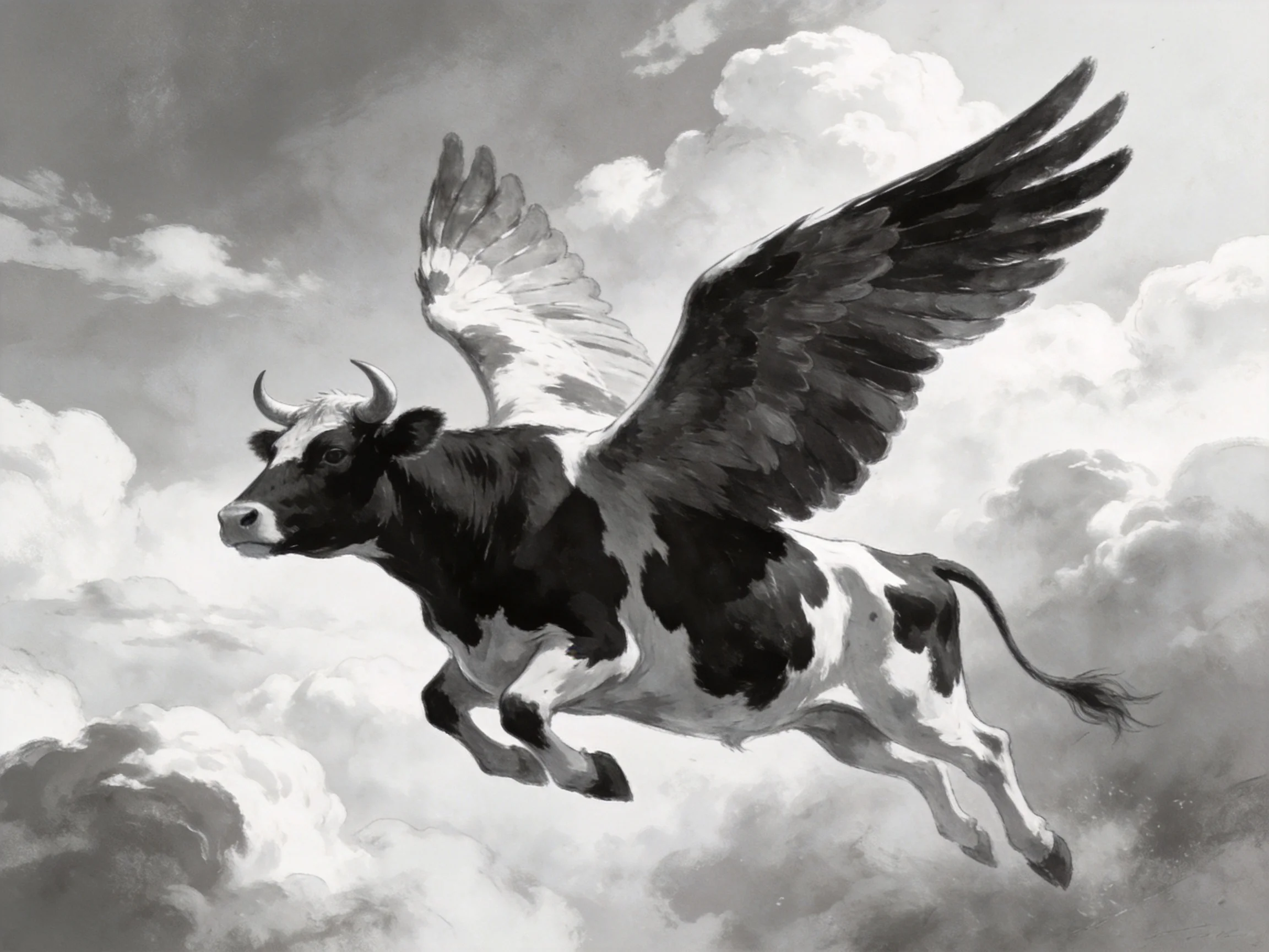 A black and white winged cow soaring through cloudy skies