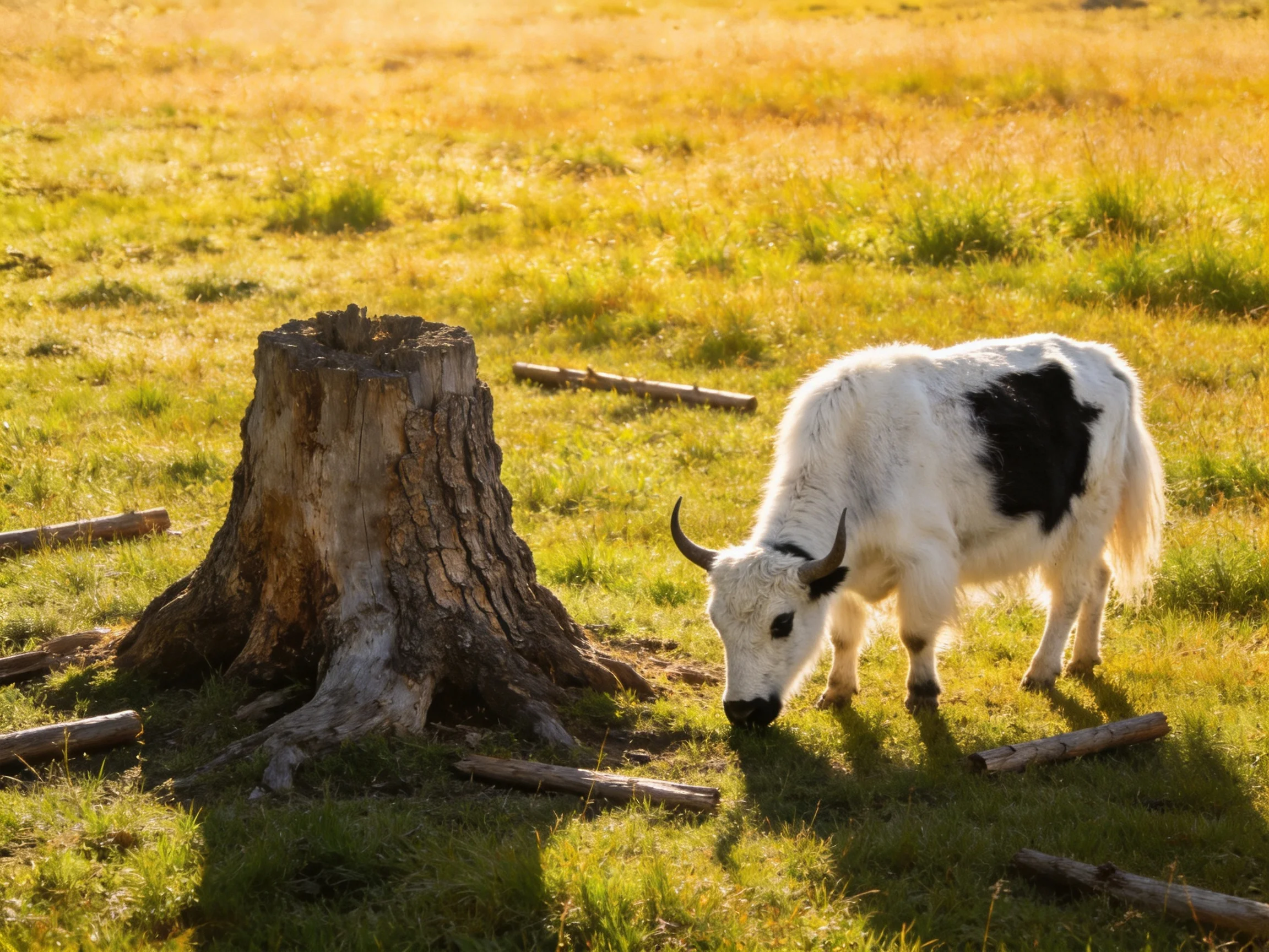 A black-and-white yak grazes near a large tree stump in golden grassland