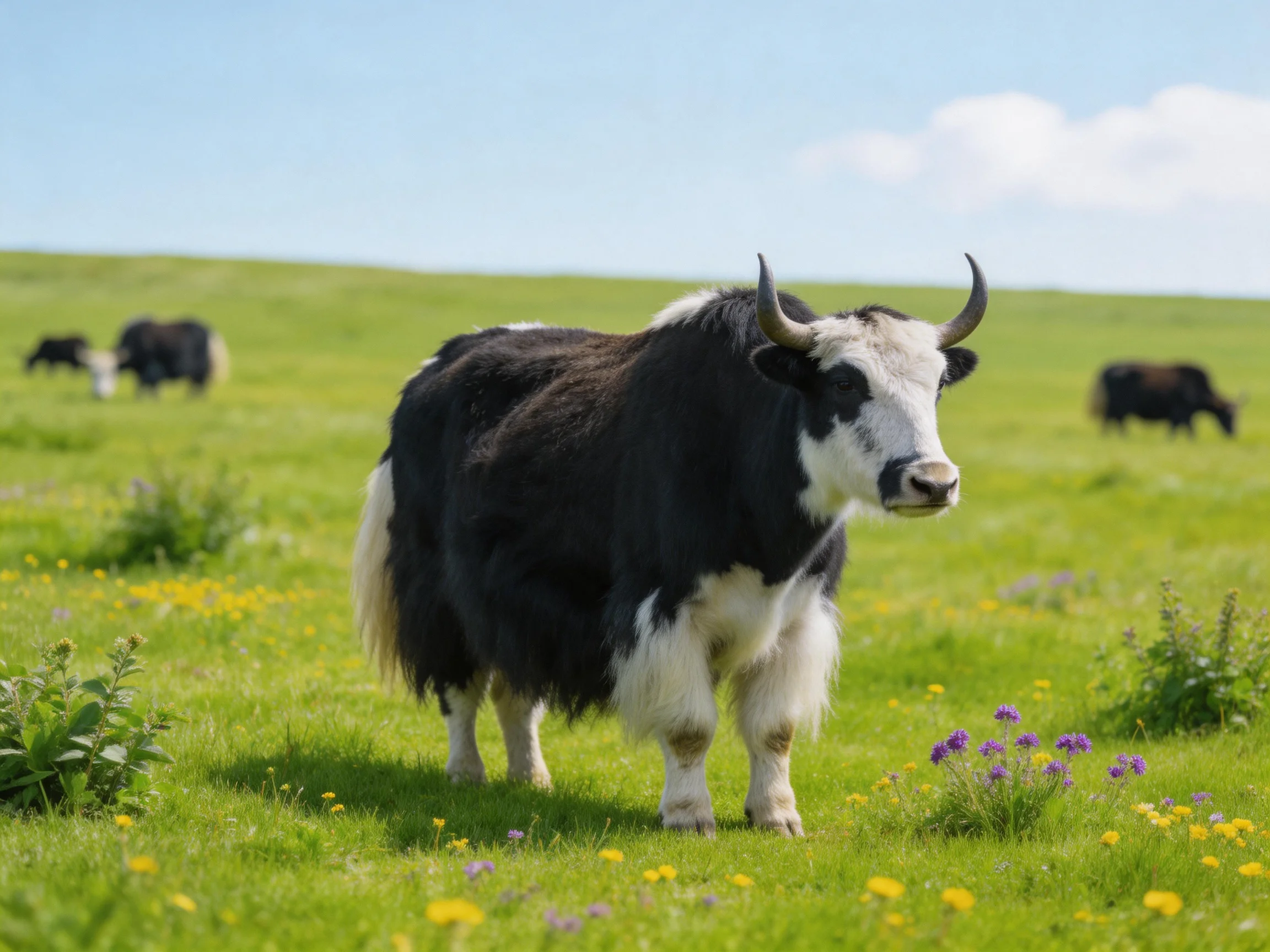 A black-and-white yak in a sun-drenched meadow with colorful wildflowers