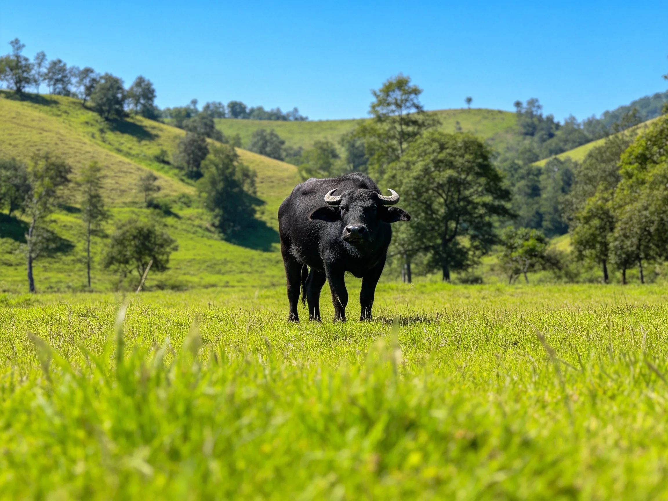 A black buffalo in a lush green meadow with rolling hills