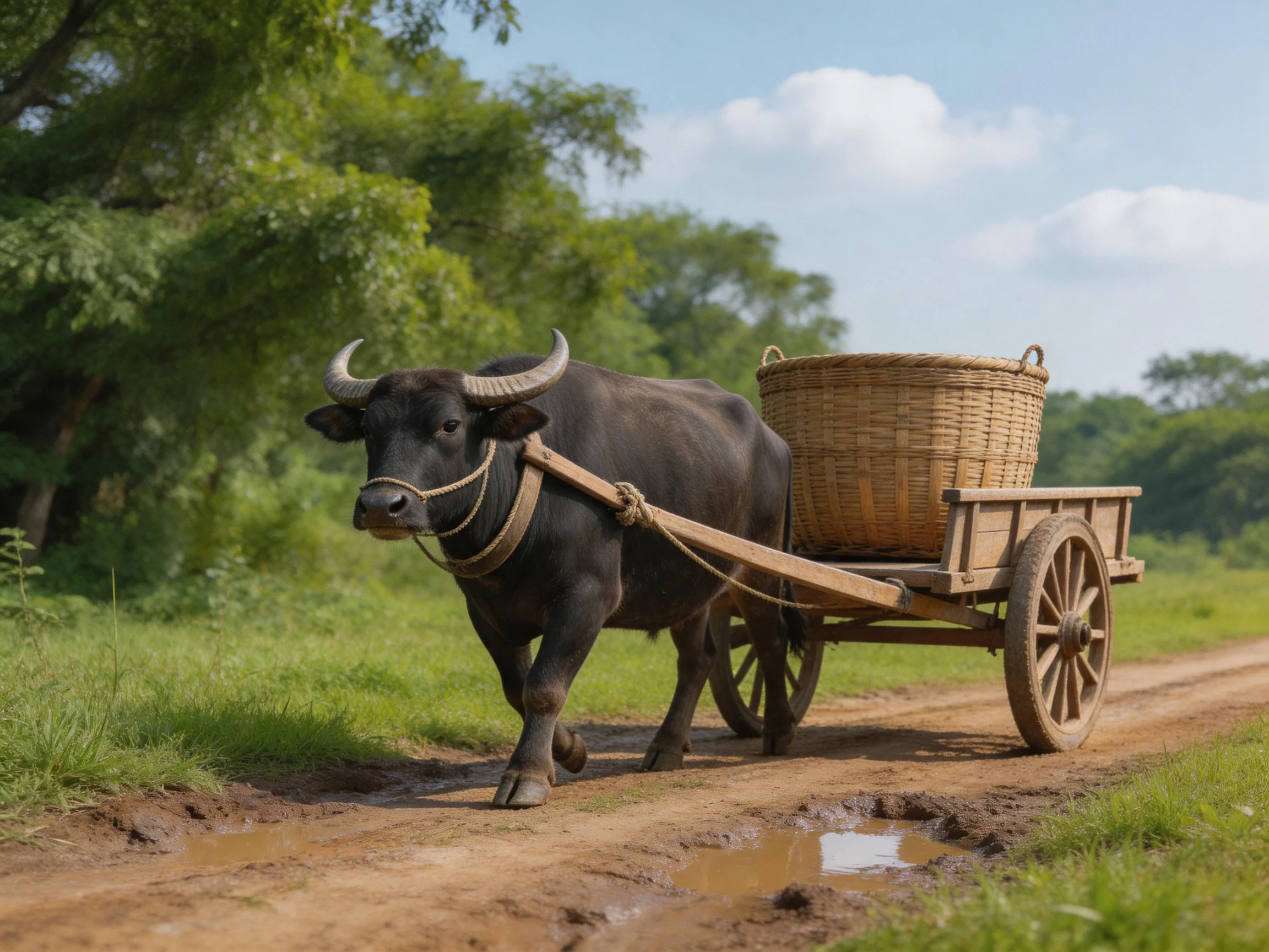 A black buffalo pulls a wooden cart with a wicker basket along a rural dirt path